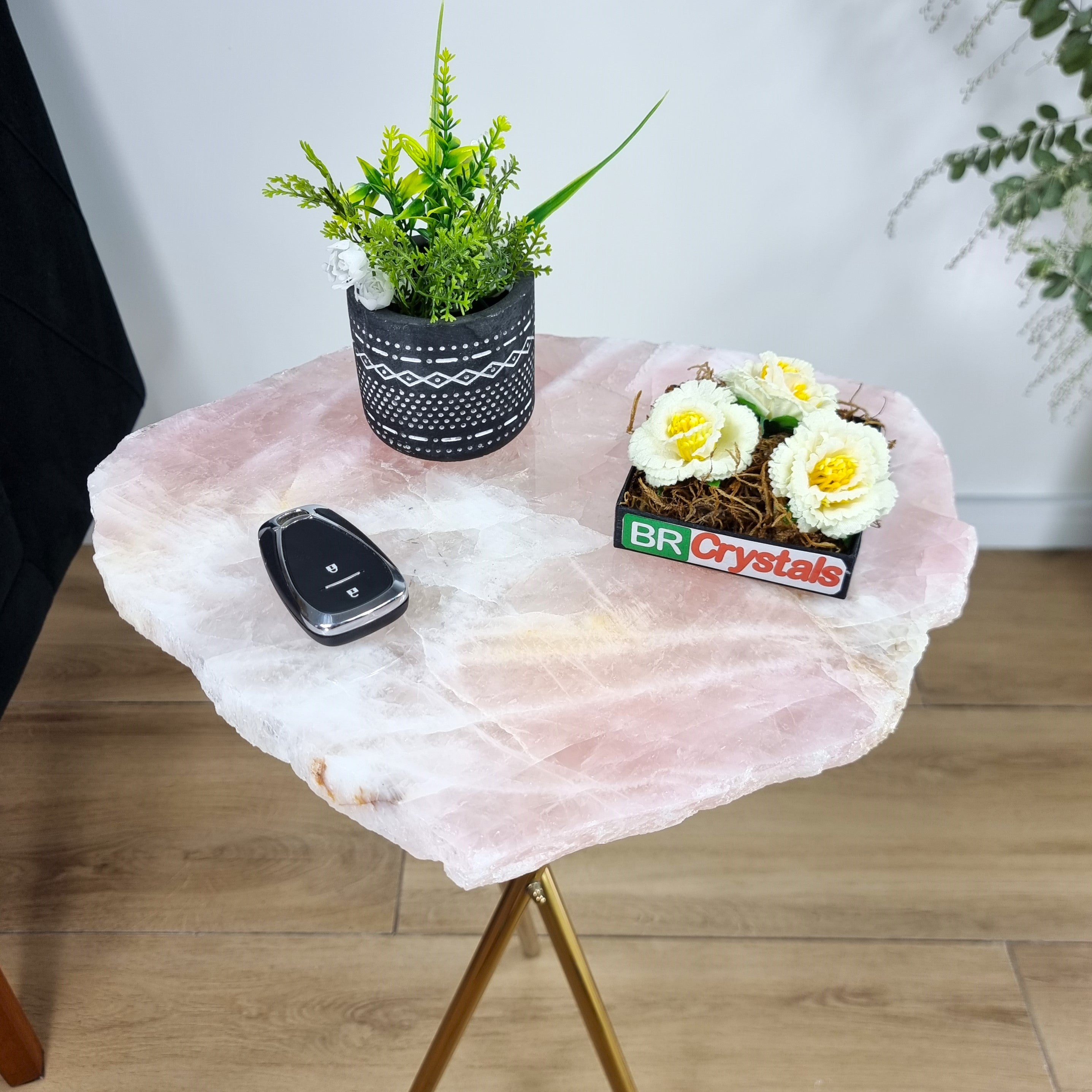 Rose Quartz Side Table - Crystal Table with Gold legs 23 inches high, total weight 11 pounds