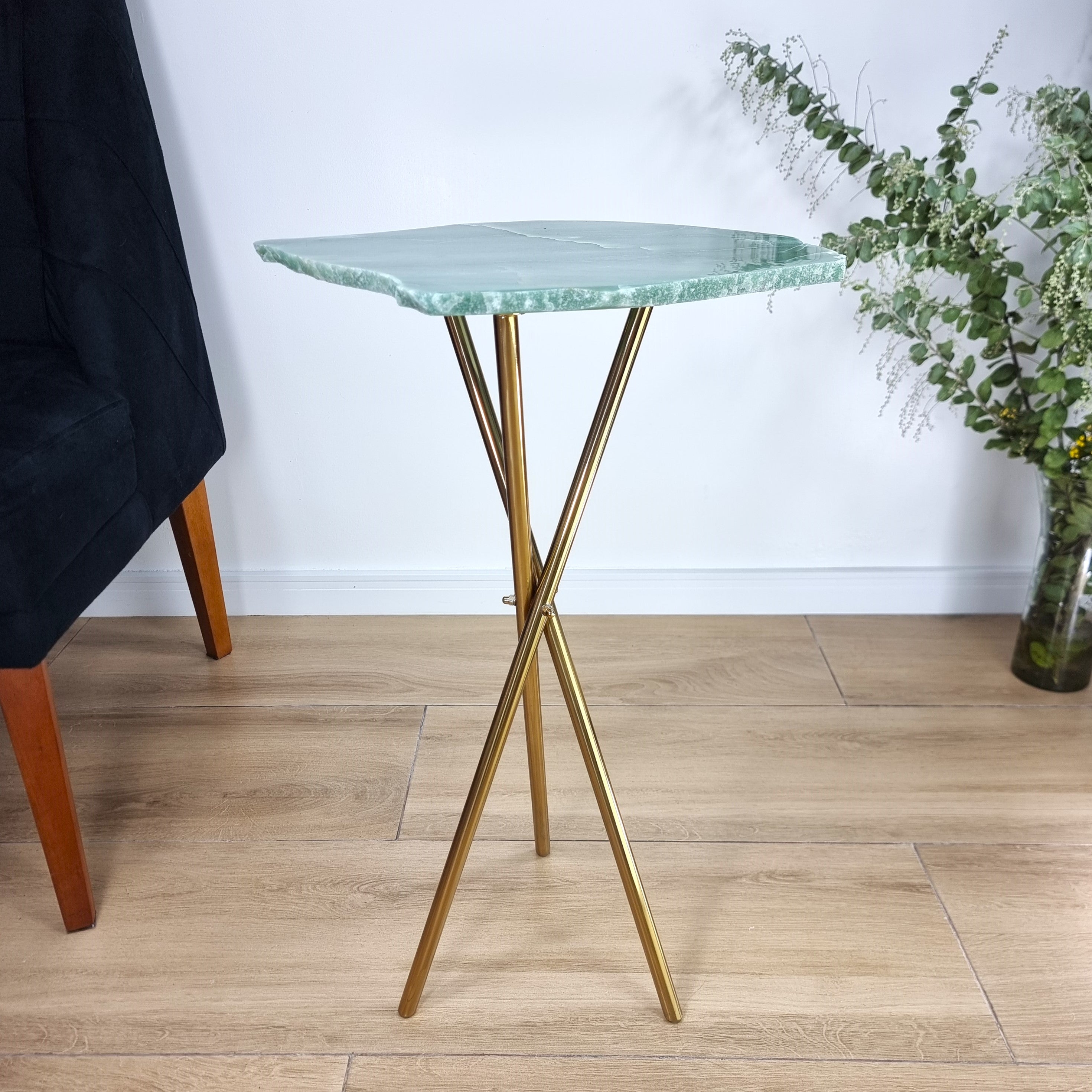 Green Quartz Side Table - Crystal Table with black legs 23 inches high, total weight 12 pounds