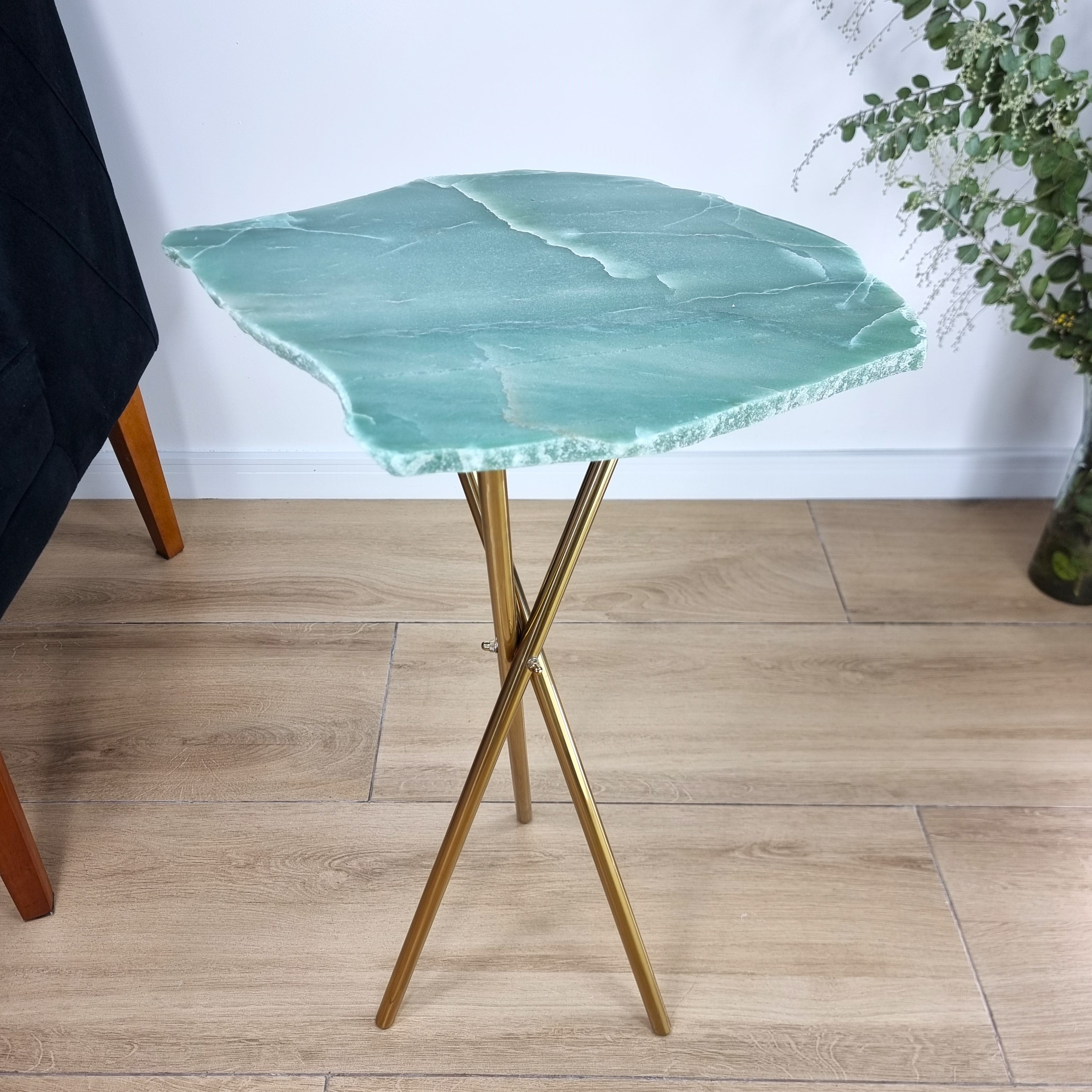 Green Quartz Side Table - Crystal Table with black legs 23 inches high, total weight 12 pounds