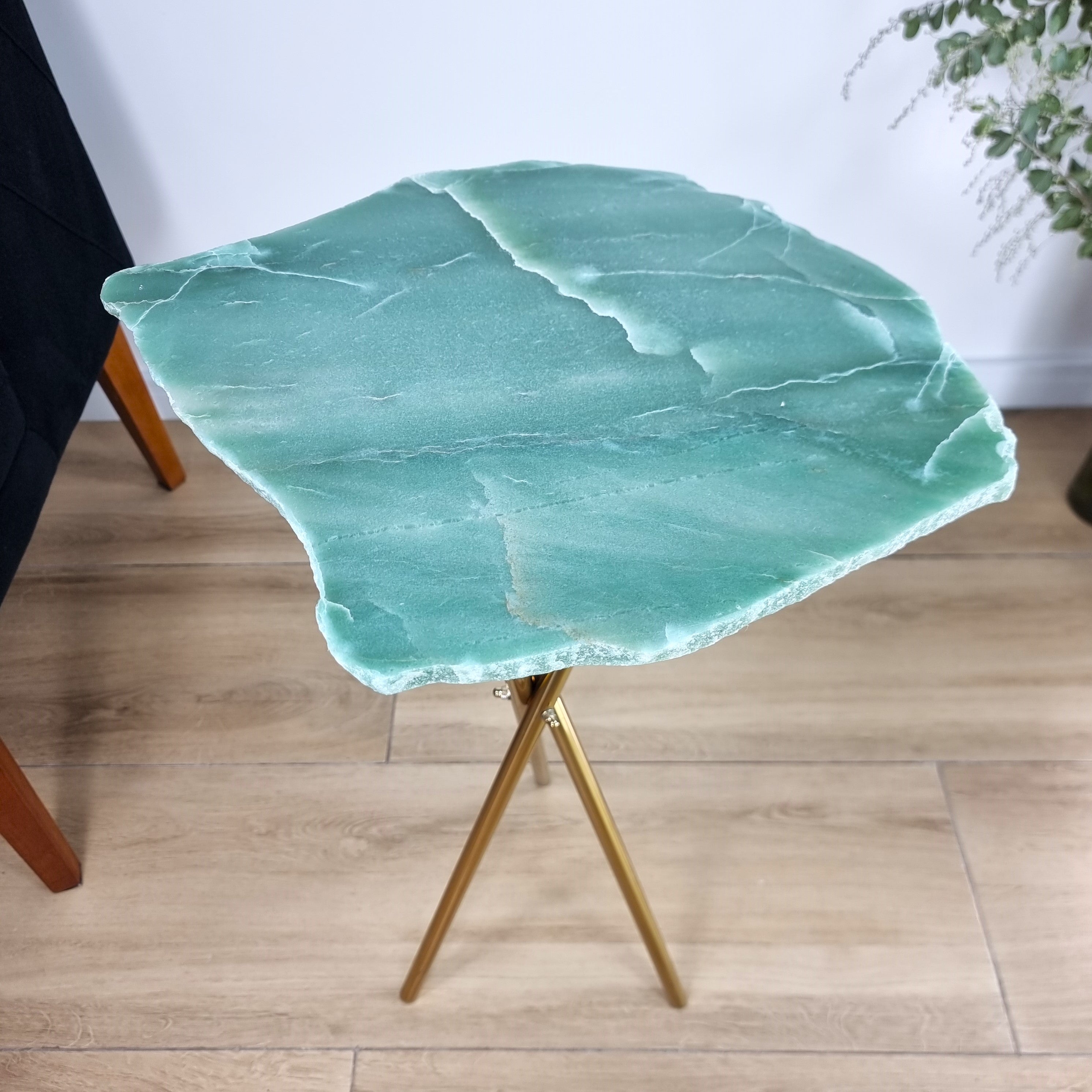 Green Quartz Side Table - Crystal Table with black legs 23 inches high, total weight 12 pounds