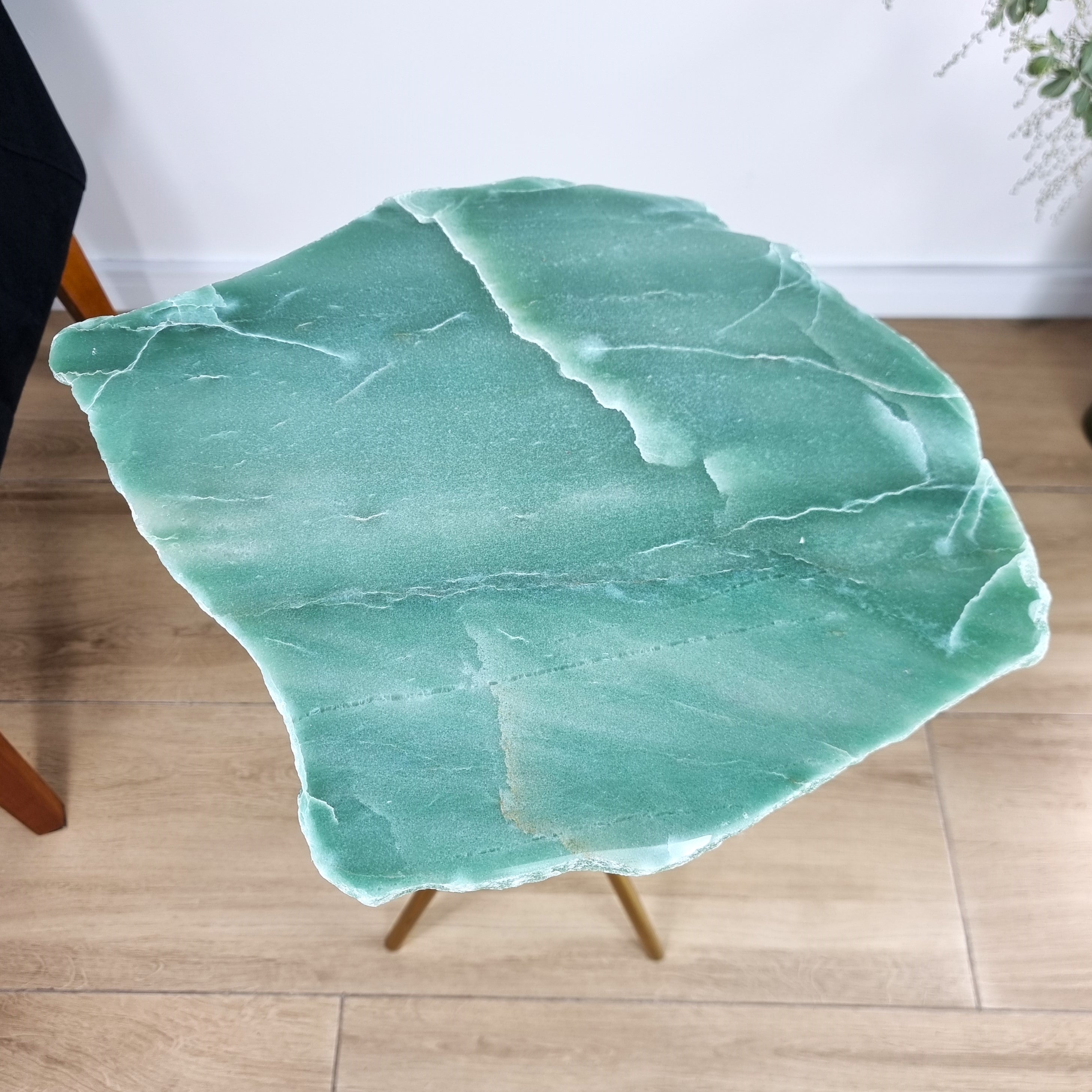 Green Quartz Side Table - Crystal Table with black legs 23 inches high, total weight 12 pounds