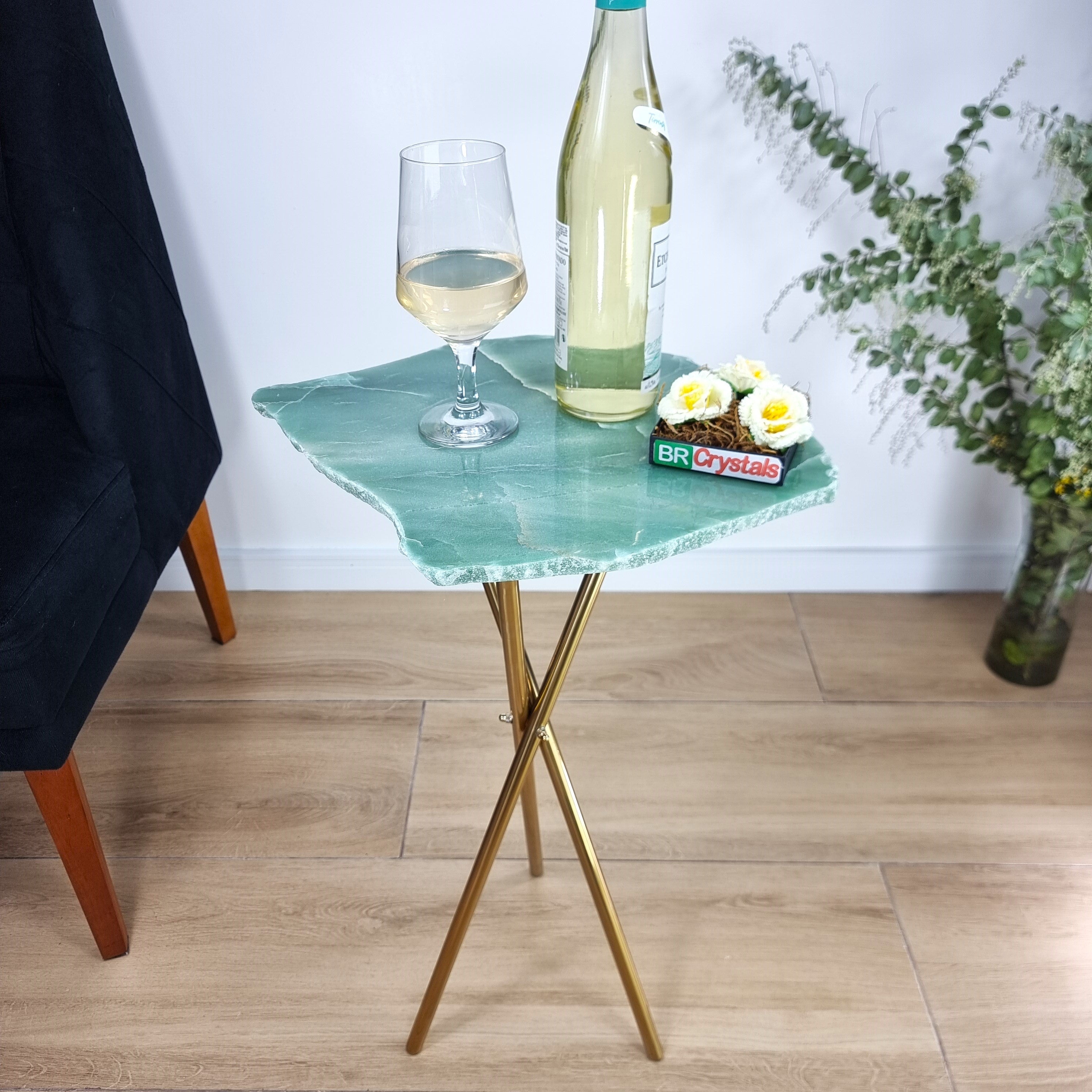 Green Quartz Side Table - Crystal Table with black legs 23 inches high, total weight 12 pounds