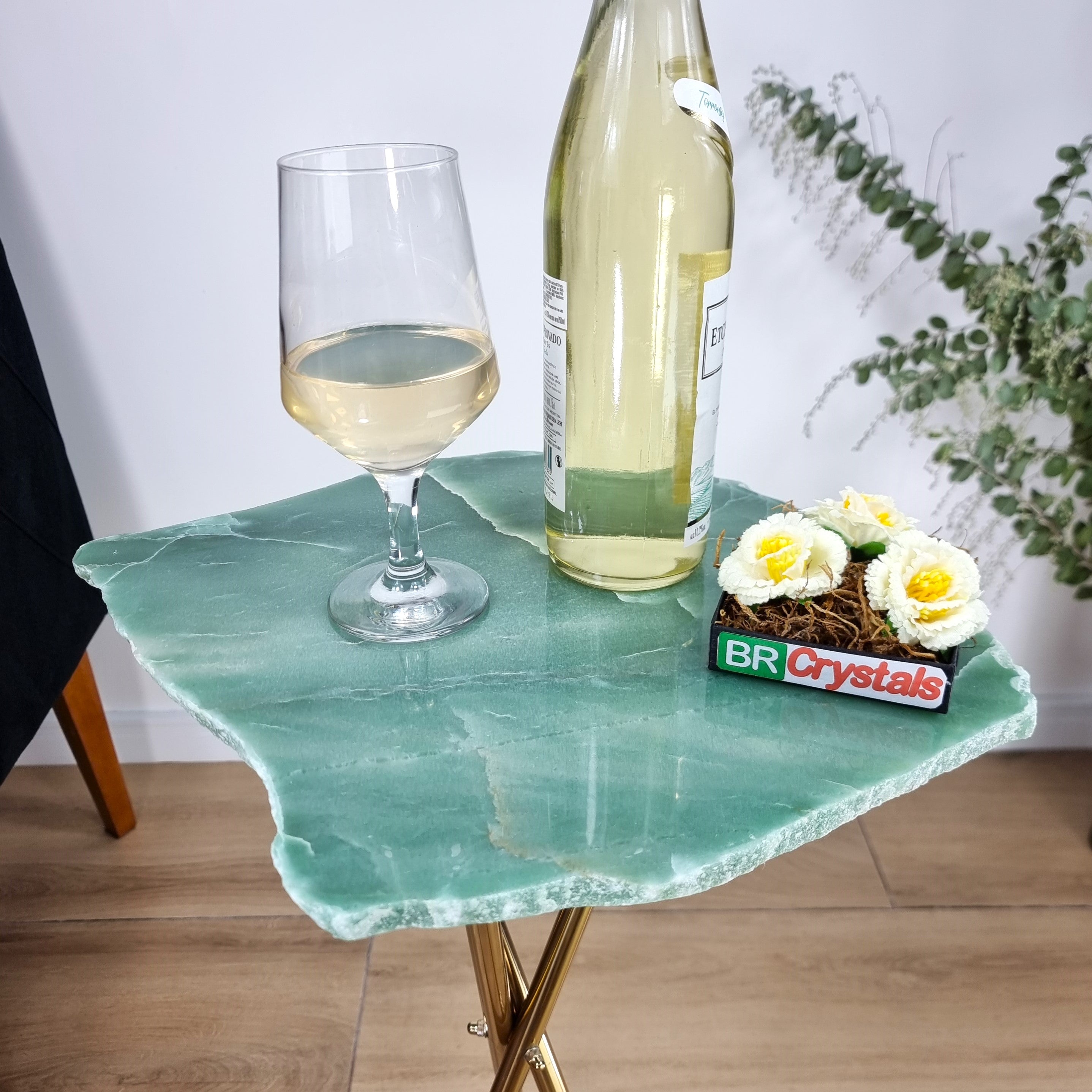 Green Quartz Side Table - Crystal Table with black legs 23 inches high, total weight 12 pounds