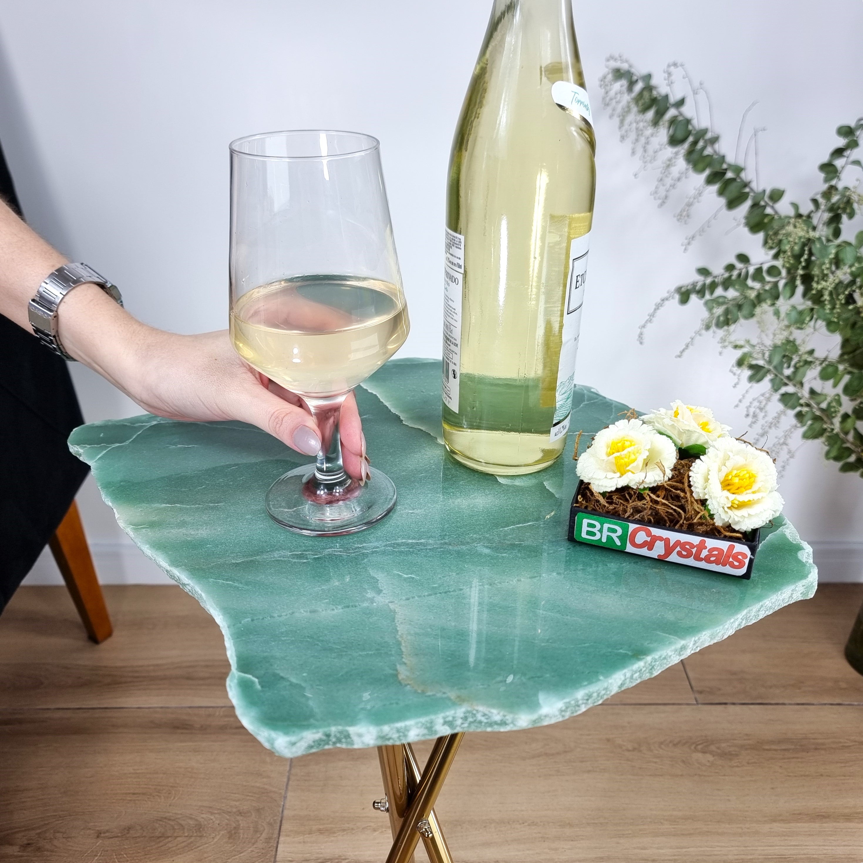 Green Quartz Side Table - Crystal Table with black legs 23 inches high, total weight 12 pounds