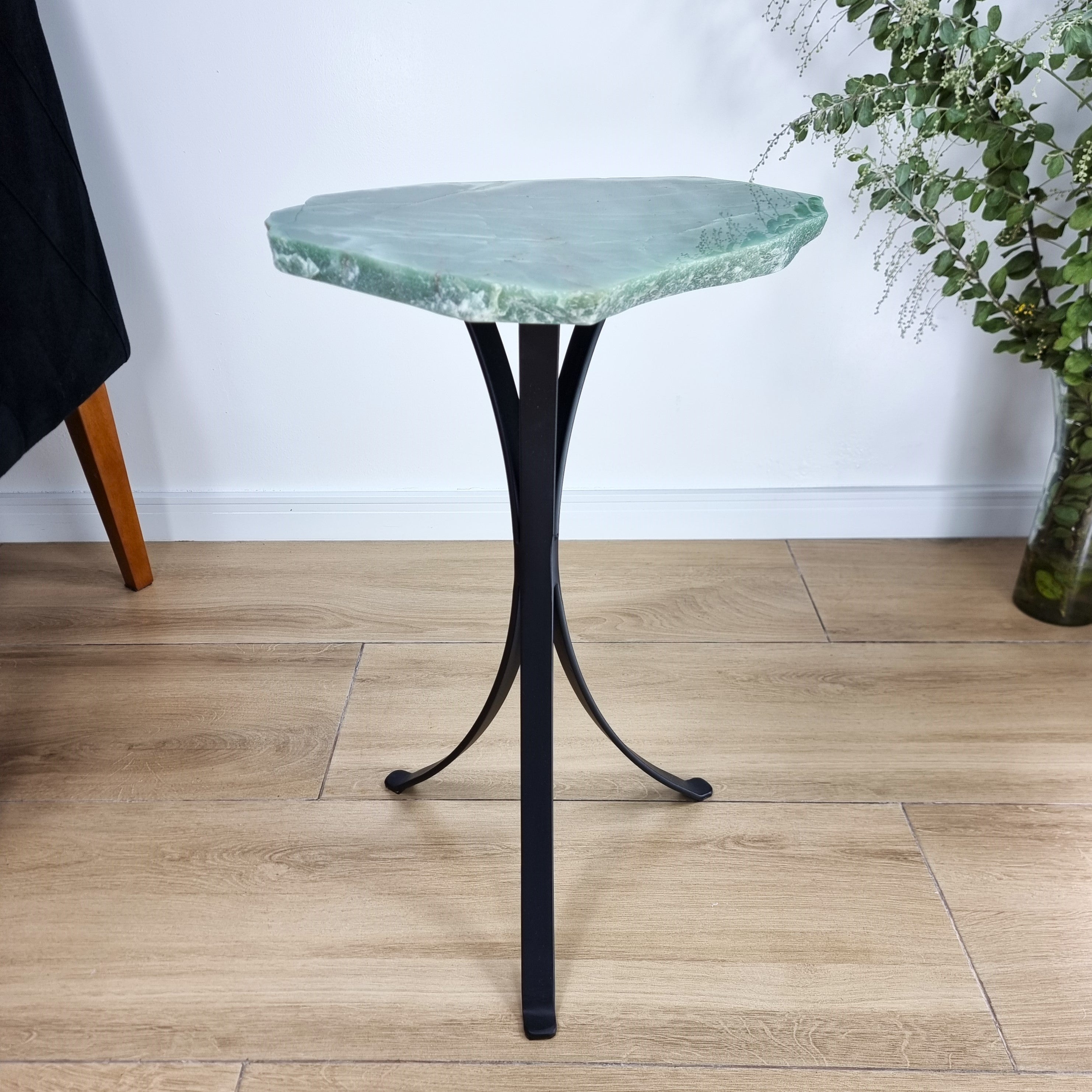 Green Quartz Side Table - Crystal Table with black legs 23 inches high, total weight 12 pounds