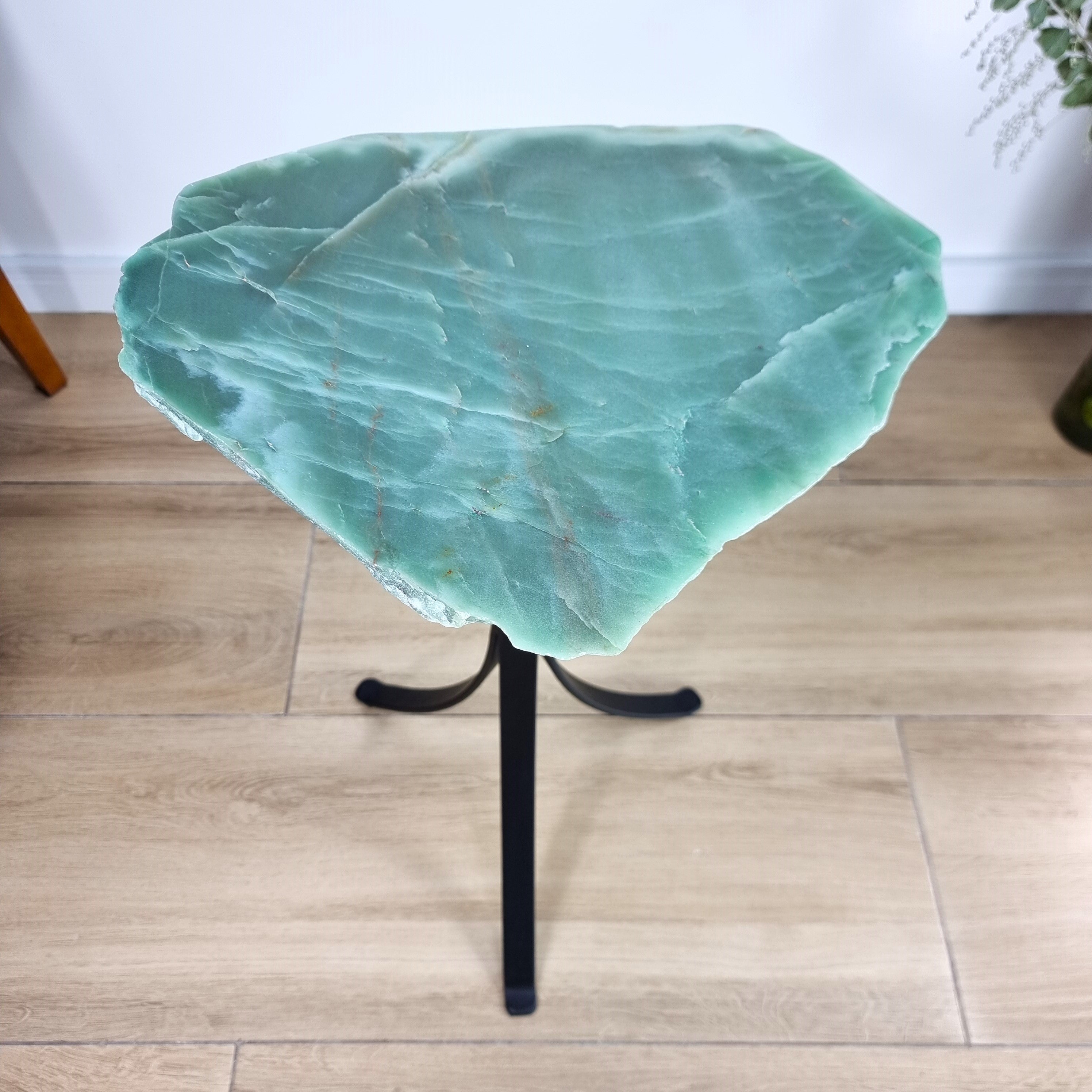 Green Quartz Side Table - Crystal Table with black legs 23 inches high, total weight 12 pounds