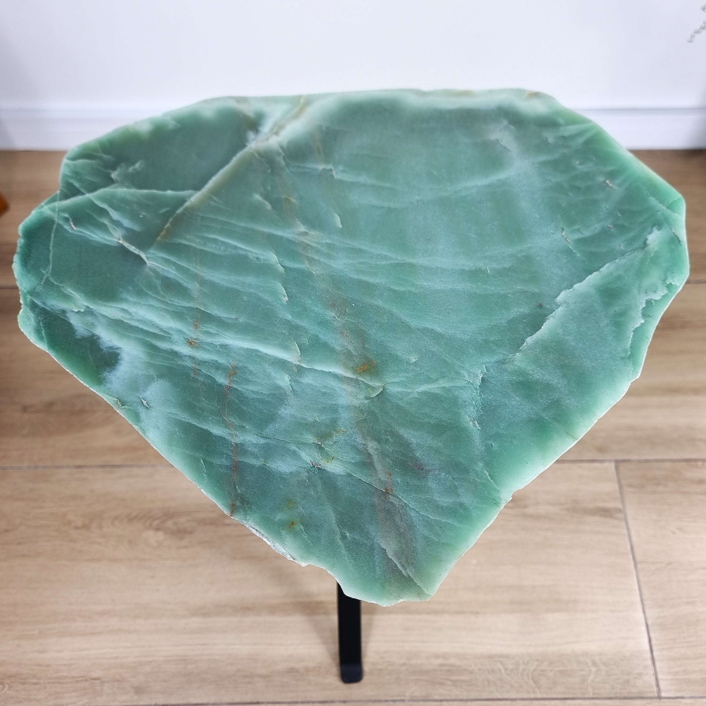 Green Quartz Side Table - Crystal Table with black legs 23 inches high, total weight 12 pounds