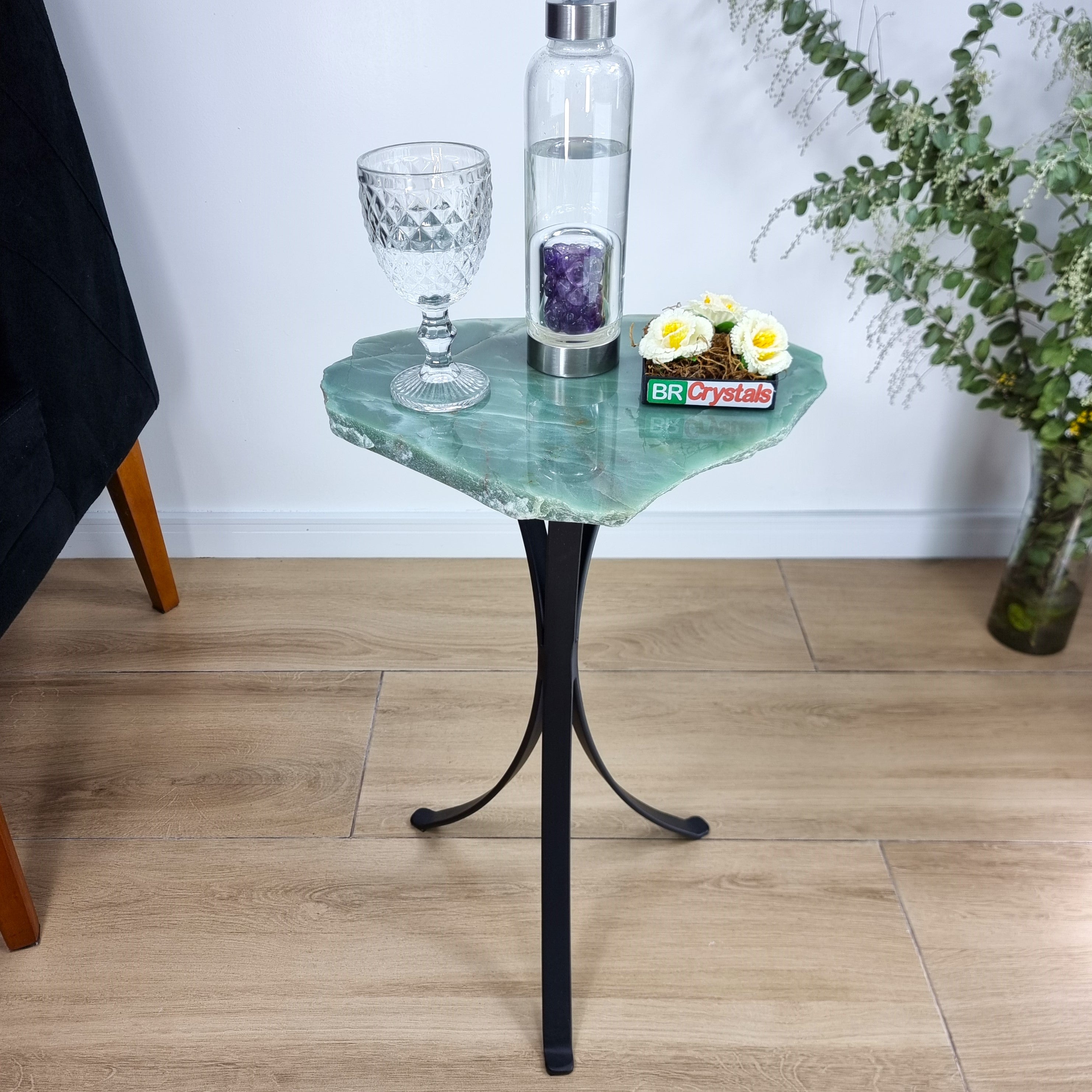 Green Quartz Side Table - Crystal Table with black legs 23 inches high, total weight 12 pounds