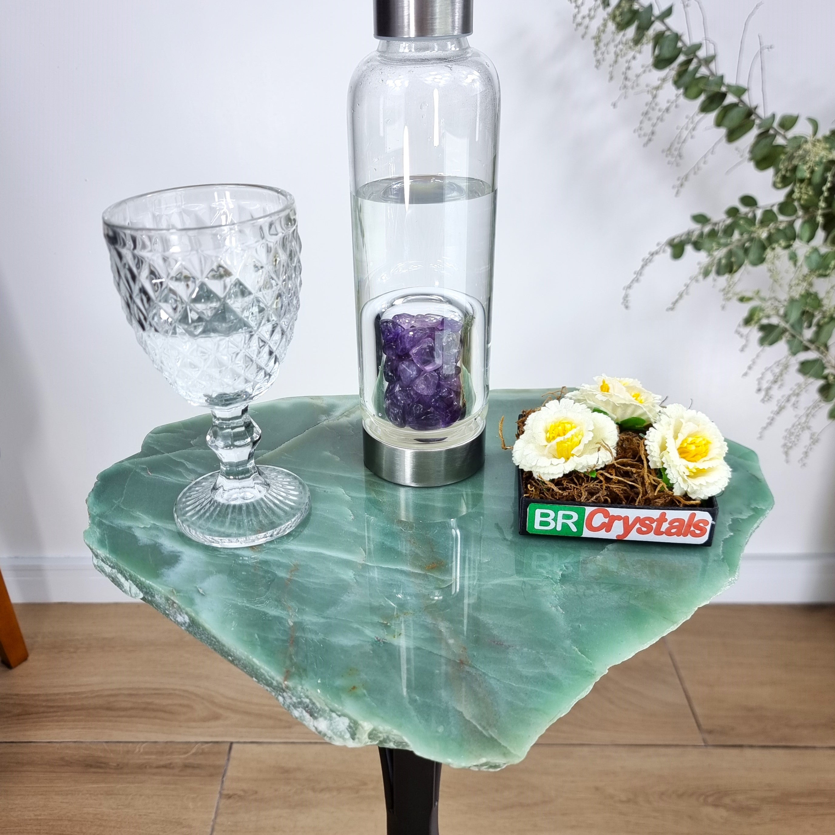 Green Quartz Side Table - Crystal Table with black legs 23 inches high, total weight 12 pounds