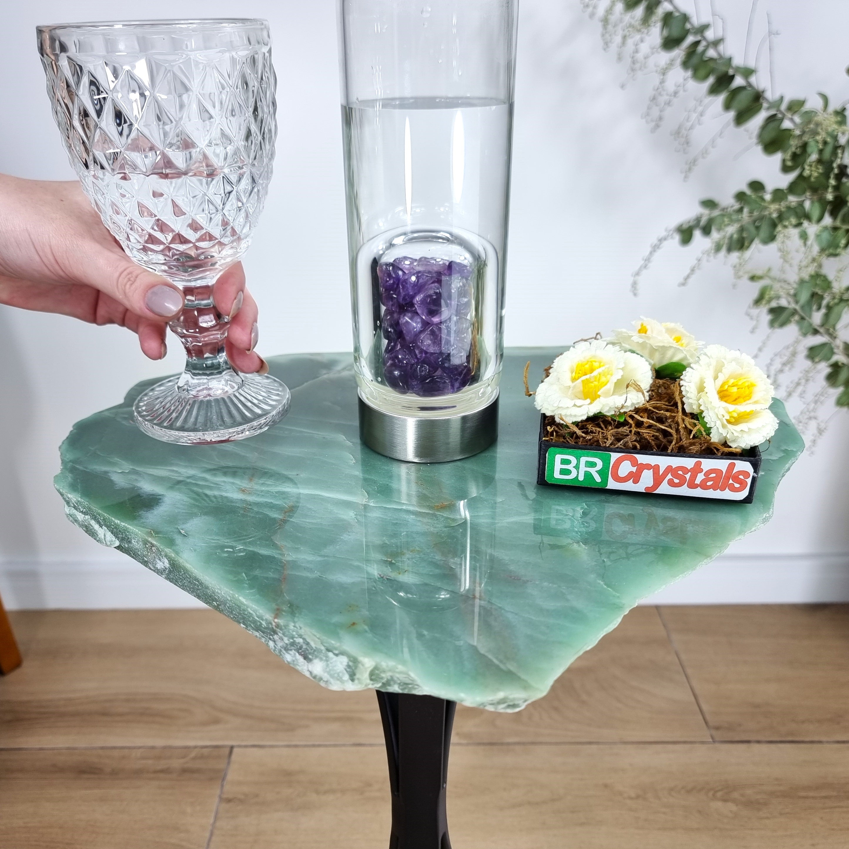 Green Quartz Side Table - Crystal Table with black legs 23 inches high, total weight 12 pounds