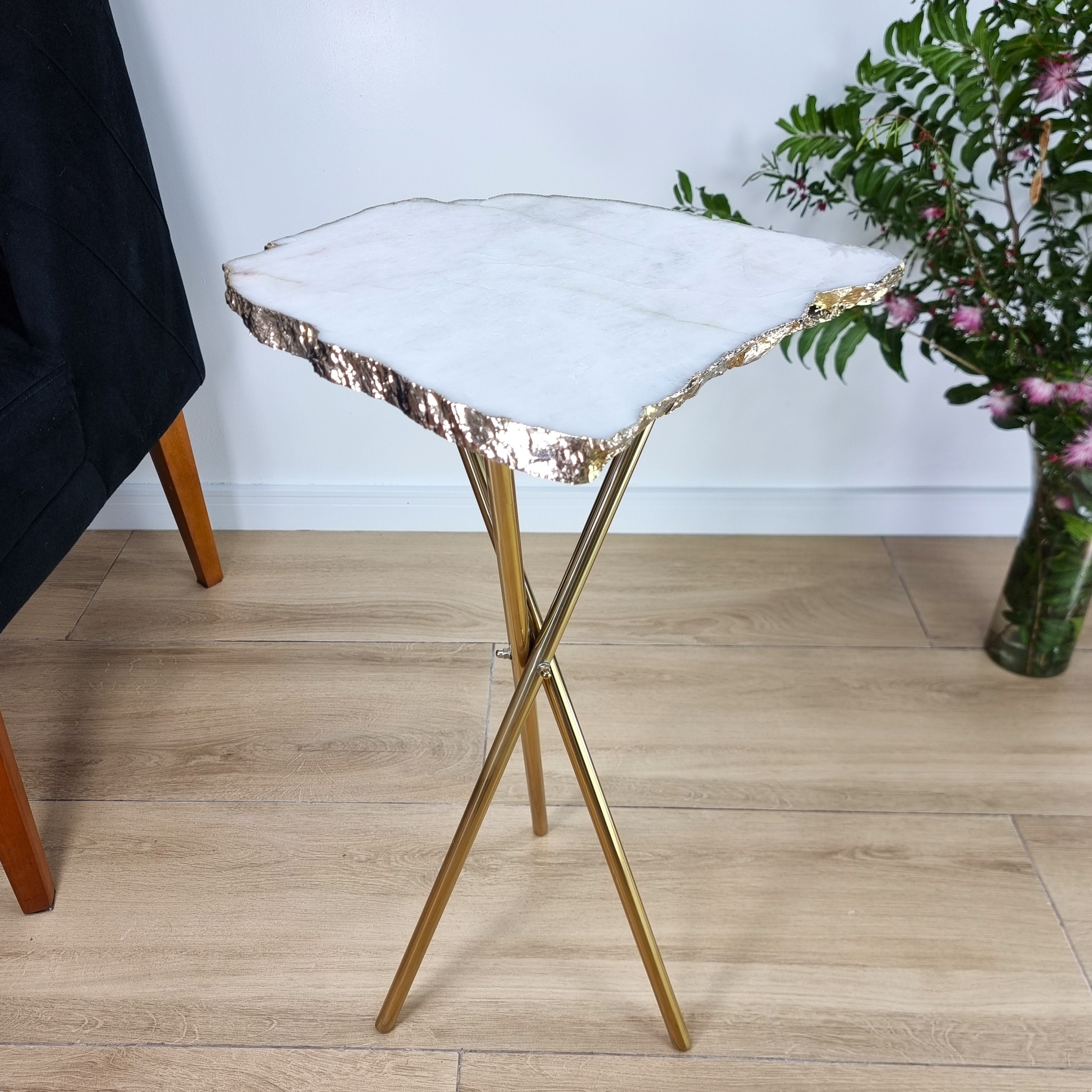 White Quartz Side Table With Golden Bath in Stone 23 inches high, total weight 8.38 pounds