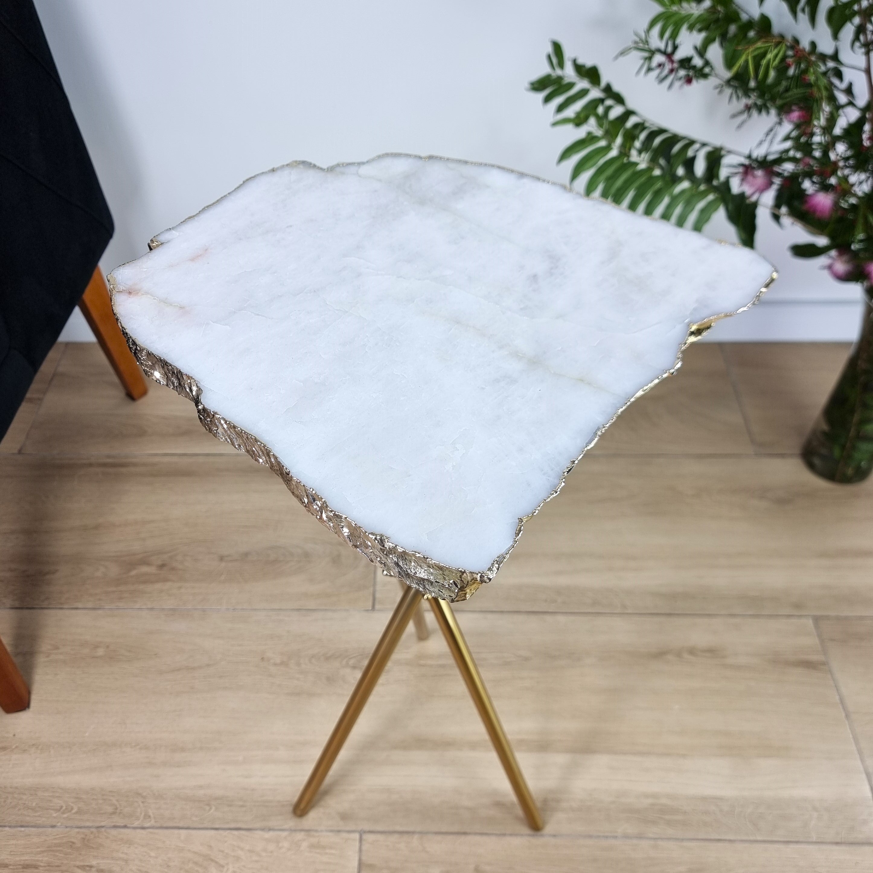 White Quartz Side Table With Golden Bath in Stone 23 inches high, total weight 8.38 pounds