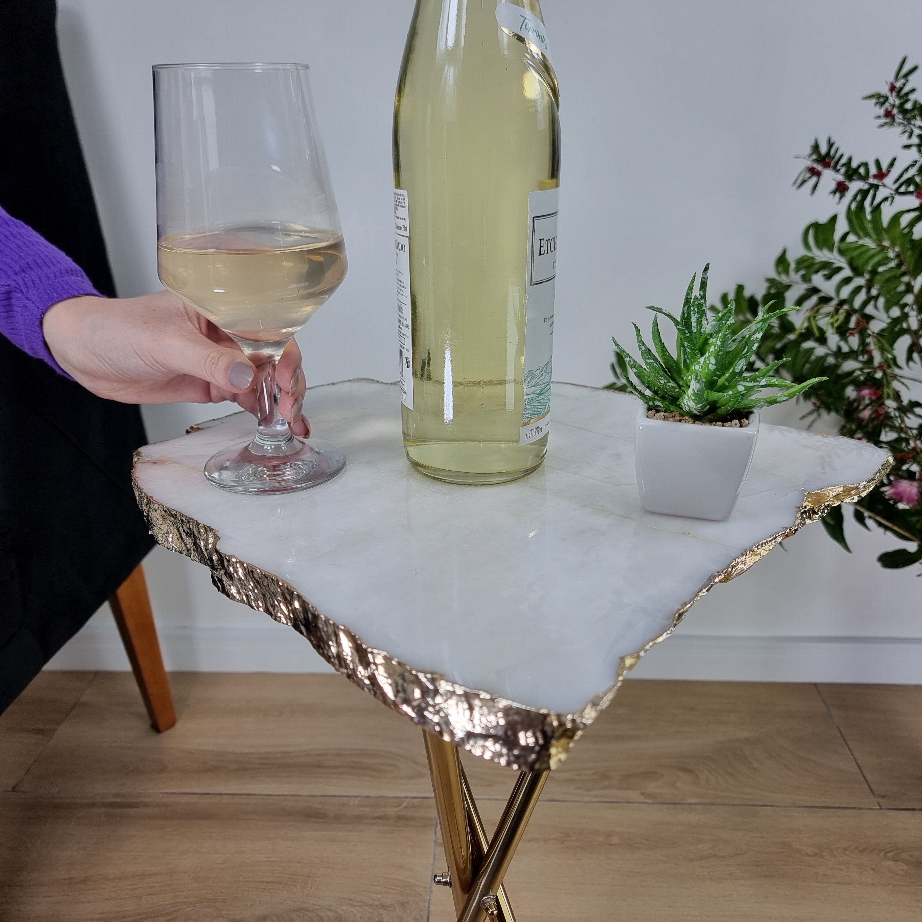 Natural White QUARTZ Side Table | Gold Brass Tripod Base | 60 cm Height - BR Crystals Handmade Piece
