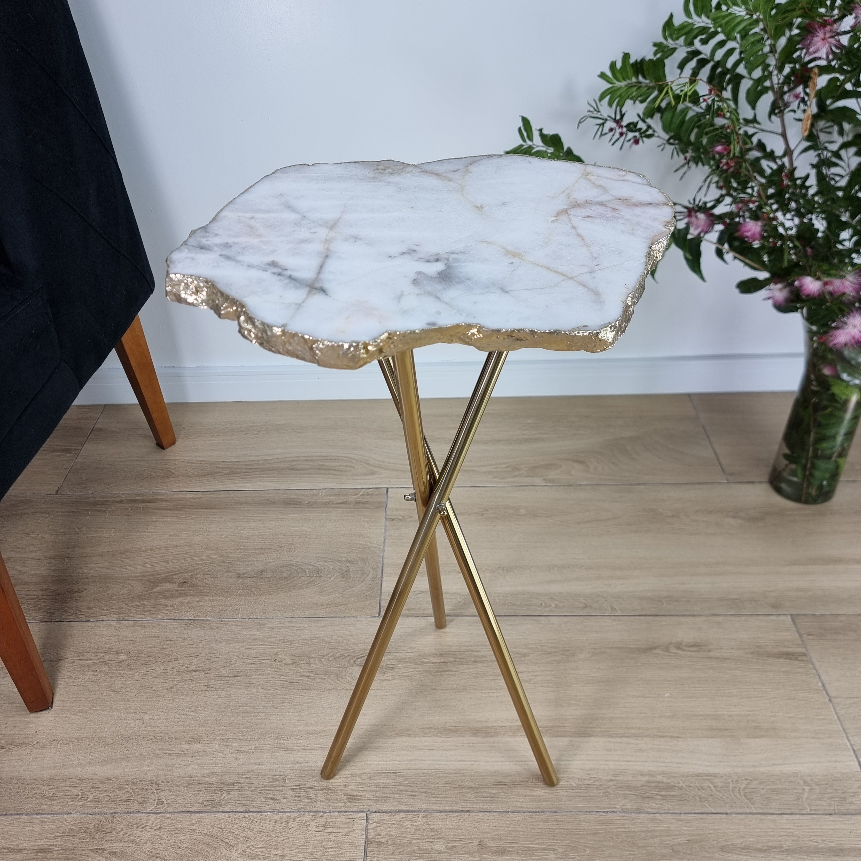 Natural White QUARTZ Side Table | Gold Brass Tripod Base | 60 cm Height - BR Crystals Handmade Piece
