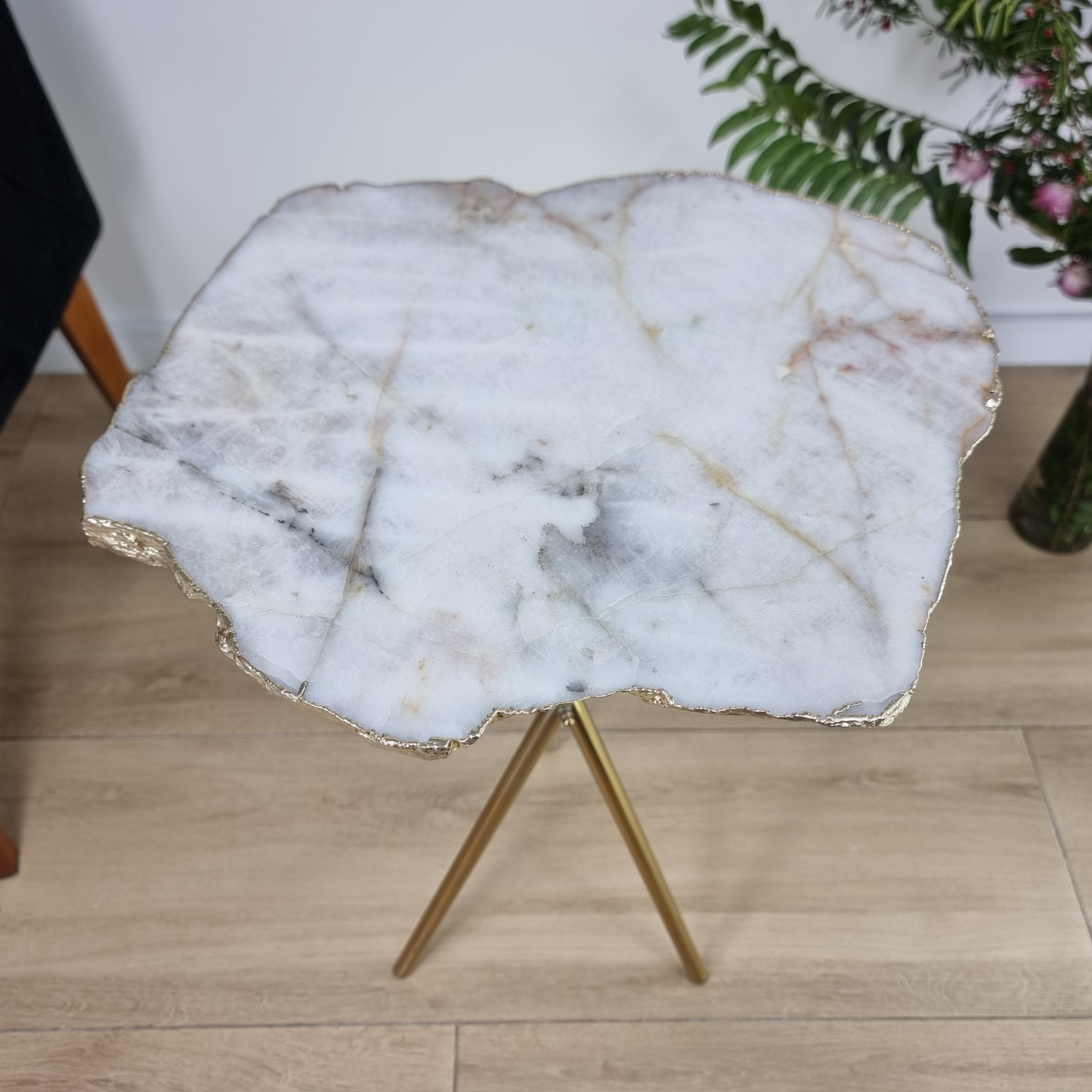 Natural White QUARTZ Side Table | Gold Brass Tripod Base | 60 cm Height - BR Crystals Handmade Piece