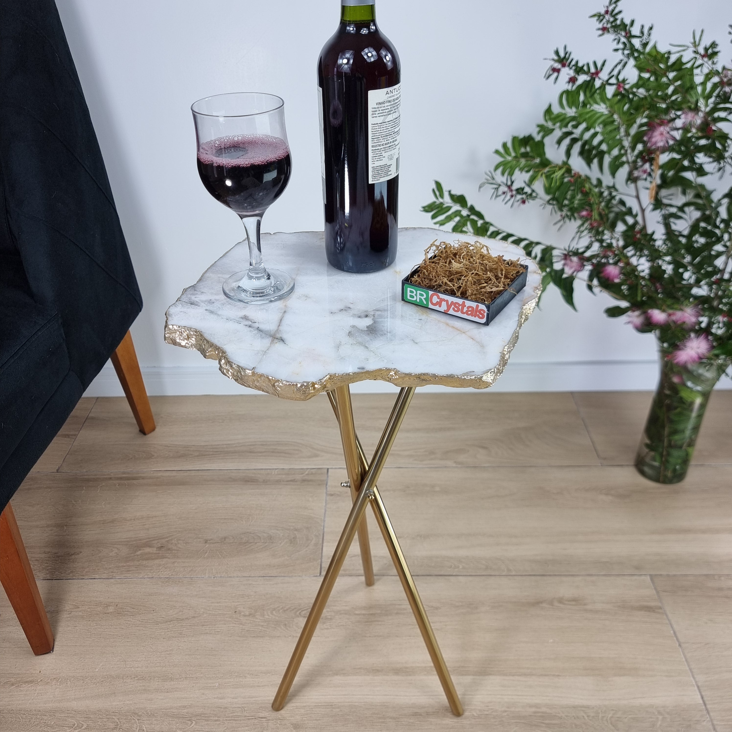 Natural White QUARTZ Side Table | Gold Brass Tripod Base | 60 cm Height - BR Crystals Handmade Piece