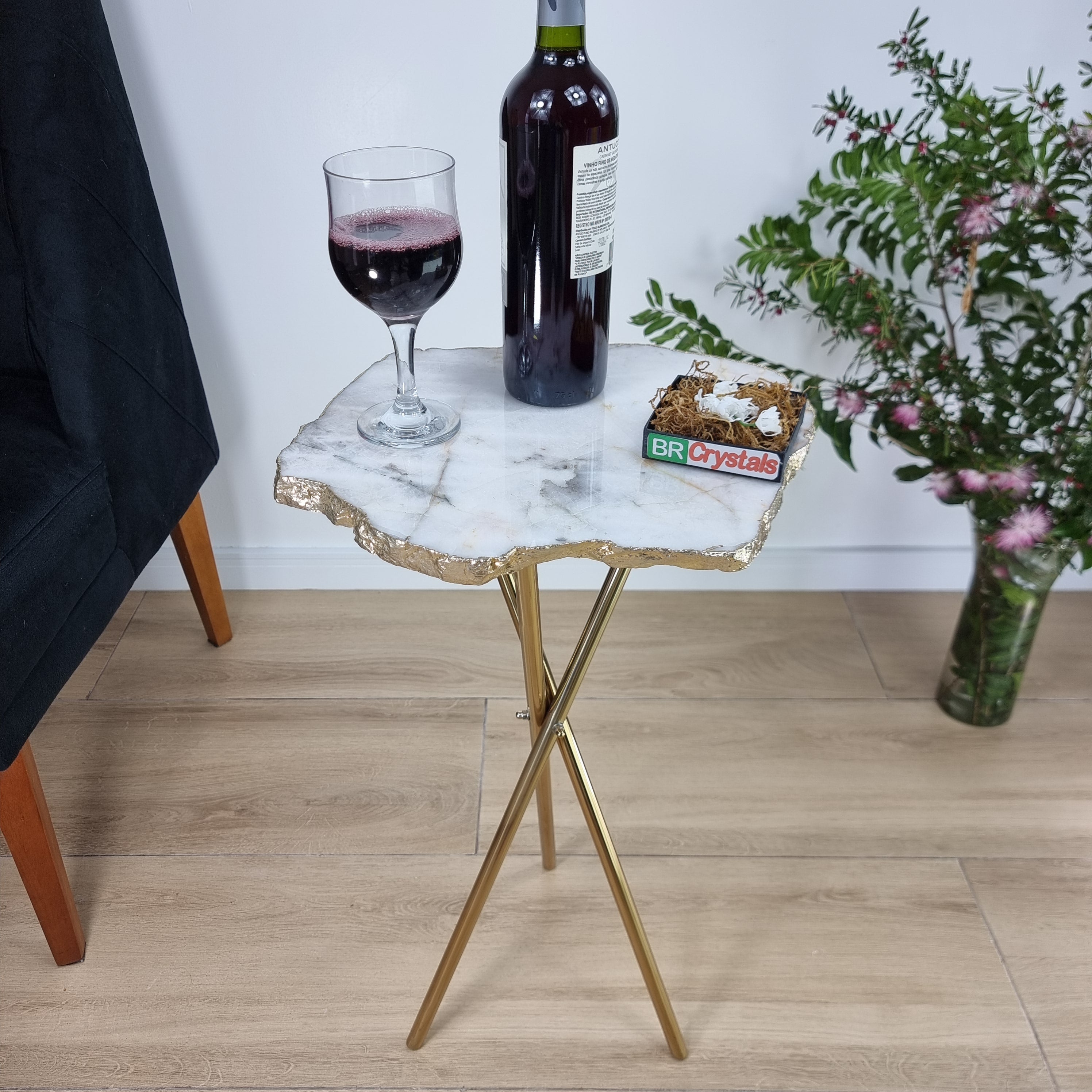 Natural White QUARTZ Side Table | Gold Brass Tripod Base | 60 cm Height - BR Crystals Handmade Piece