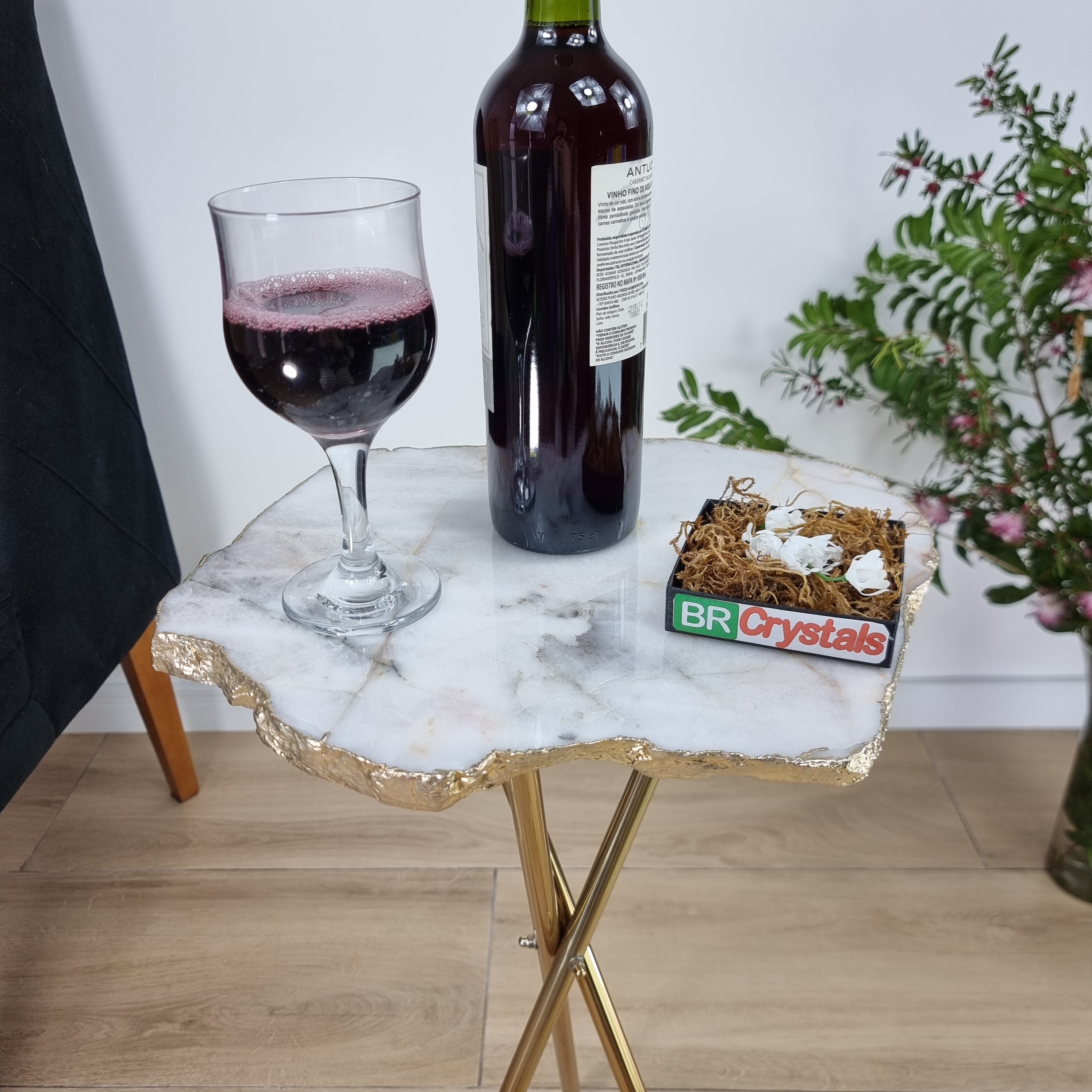 Natural White QUARTZ Side Table | Gold Brass Tripod Base | 60 cm Height - BR Crystals Handmade Piece