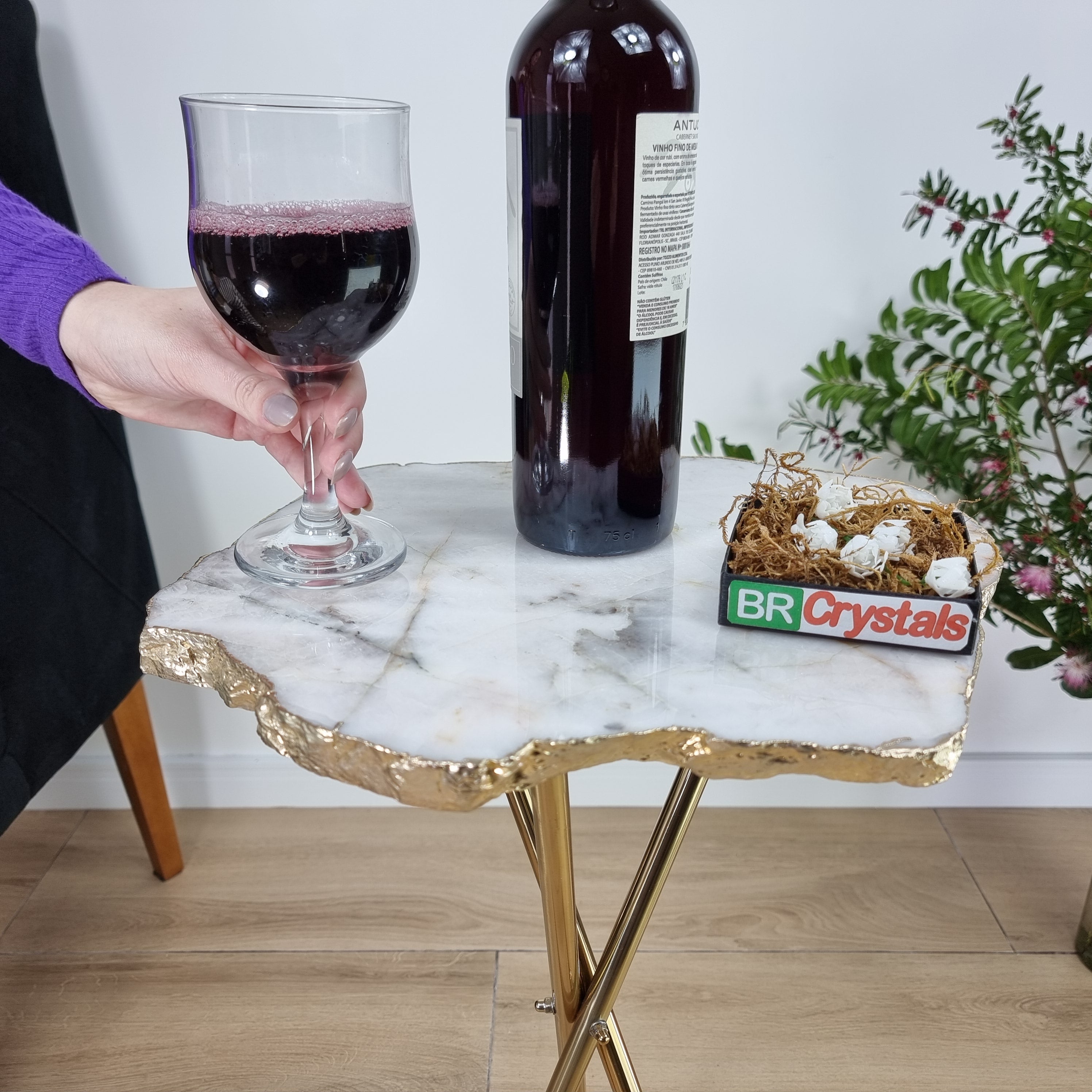 Natural White QUARTZ Side Table | Gold Brass Tripod Base | 60 cm Height - BR Crystals Handmade Piece
