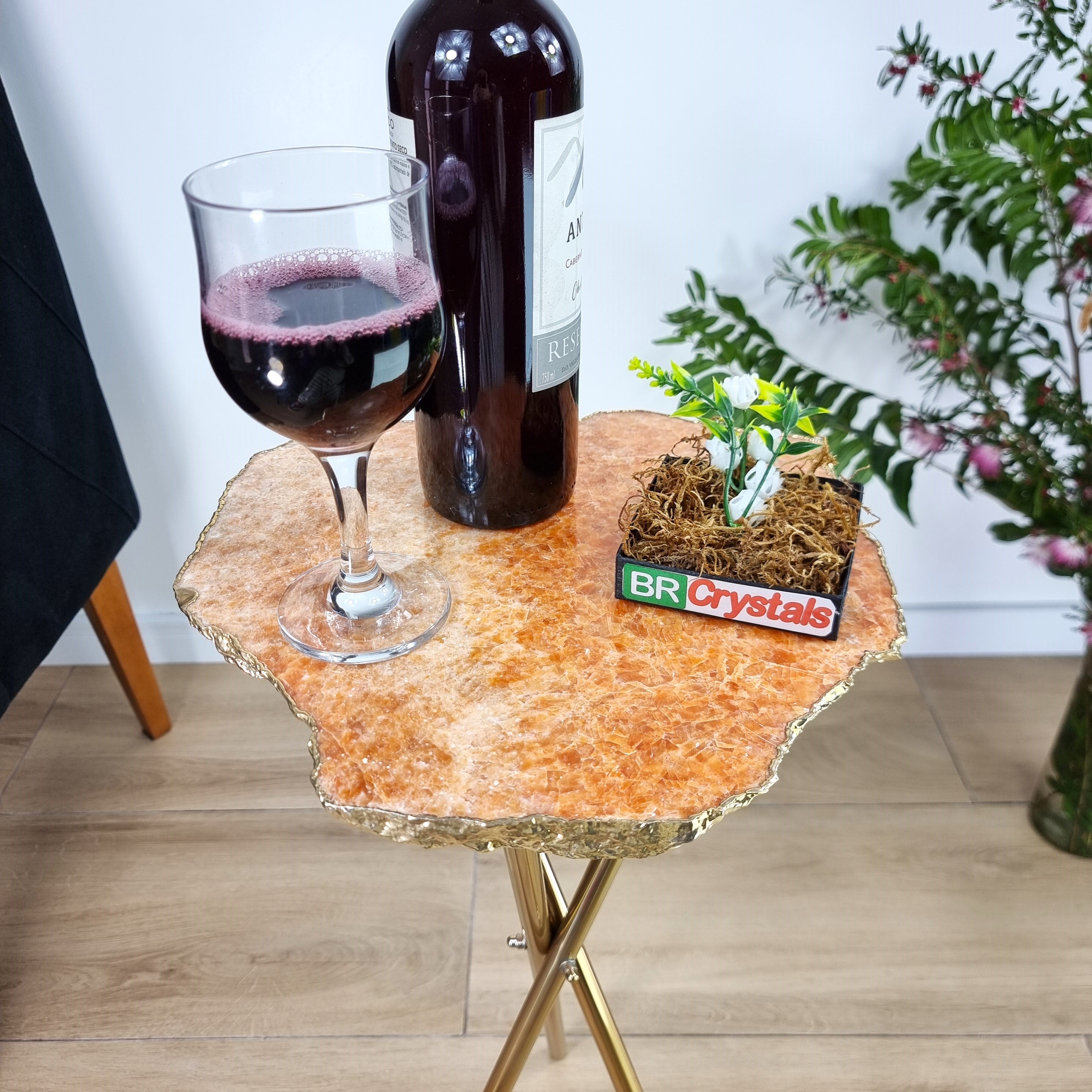 Calcite Side Table With Golden Bath in Stone and Gold legs 23 inches high, total weight 8.8 pounds