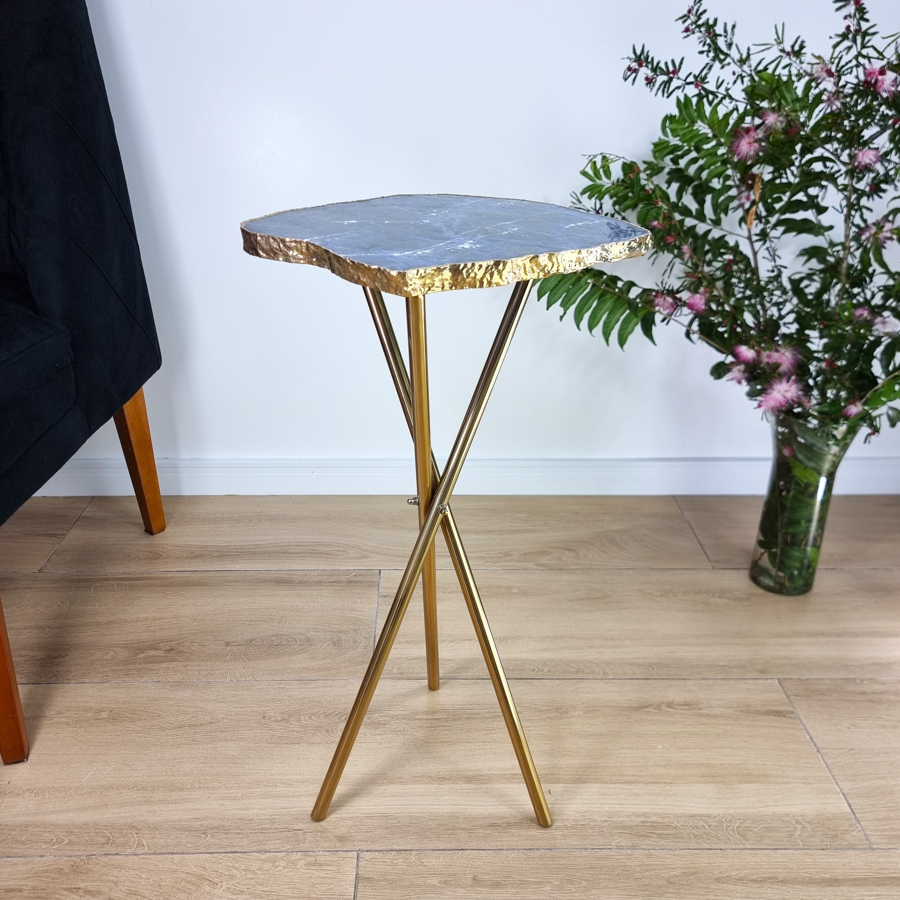 Sodalite Side Table With Golden Bath in Stone and Gold legs 23 inches high, total weight 8.81 pounds