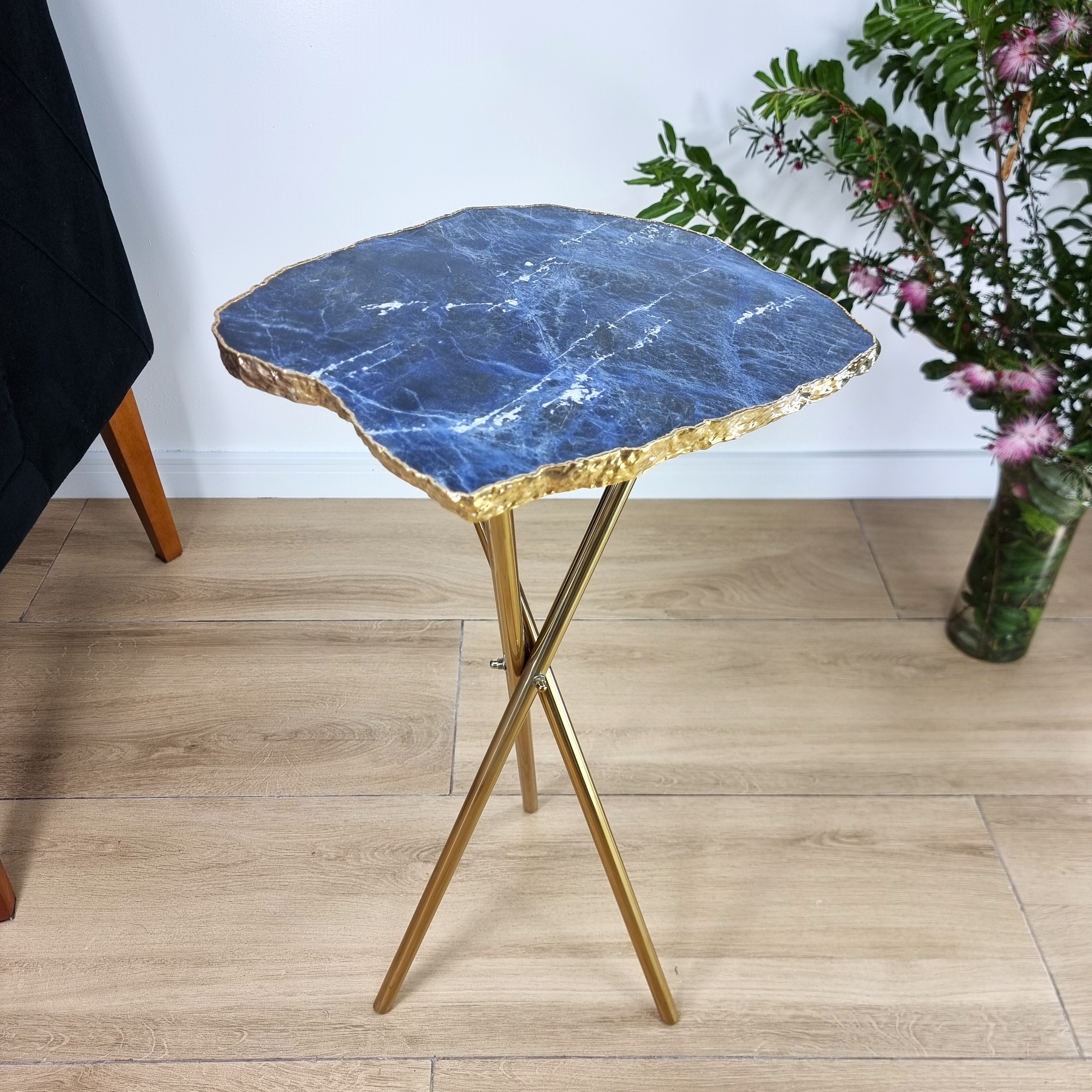 Sodalite Side Table With Golden Bath in Stone and Gold legs 23 inches high, total weight 8.81 pounds