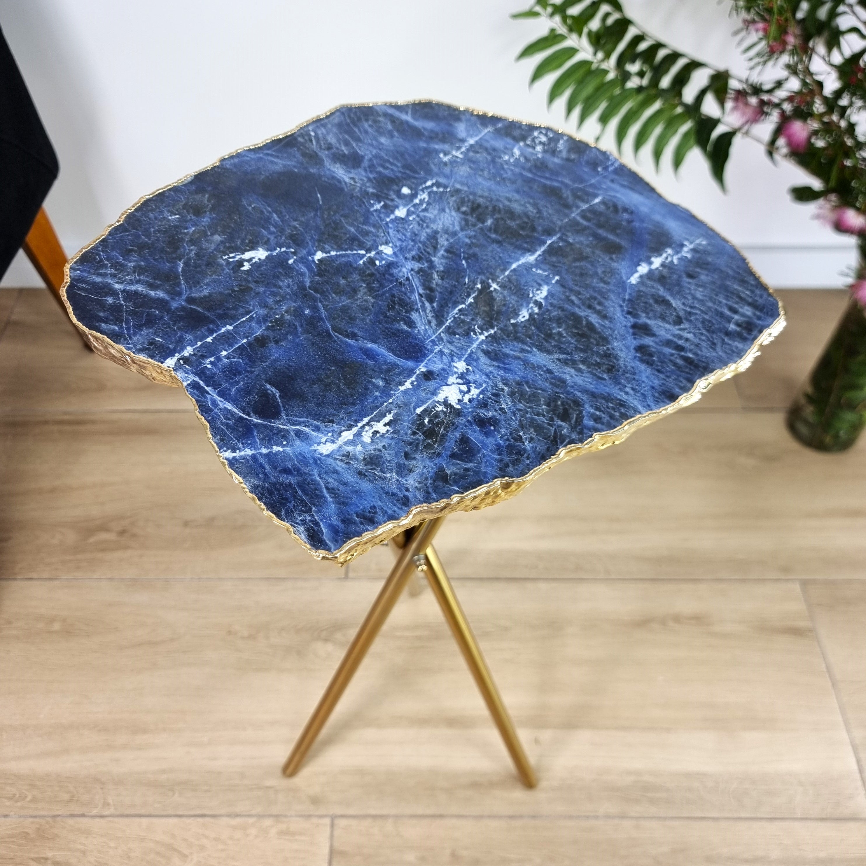 Sodalite Side Table With Golden Bath in Stone and Gold legs 23 inches high, total weight 8.81 pounds