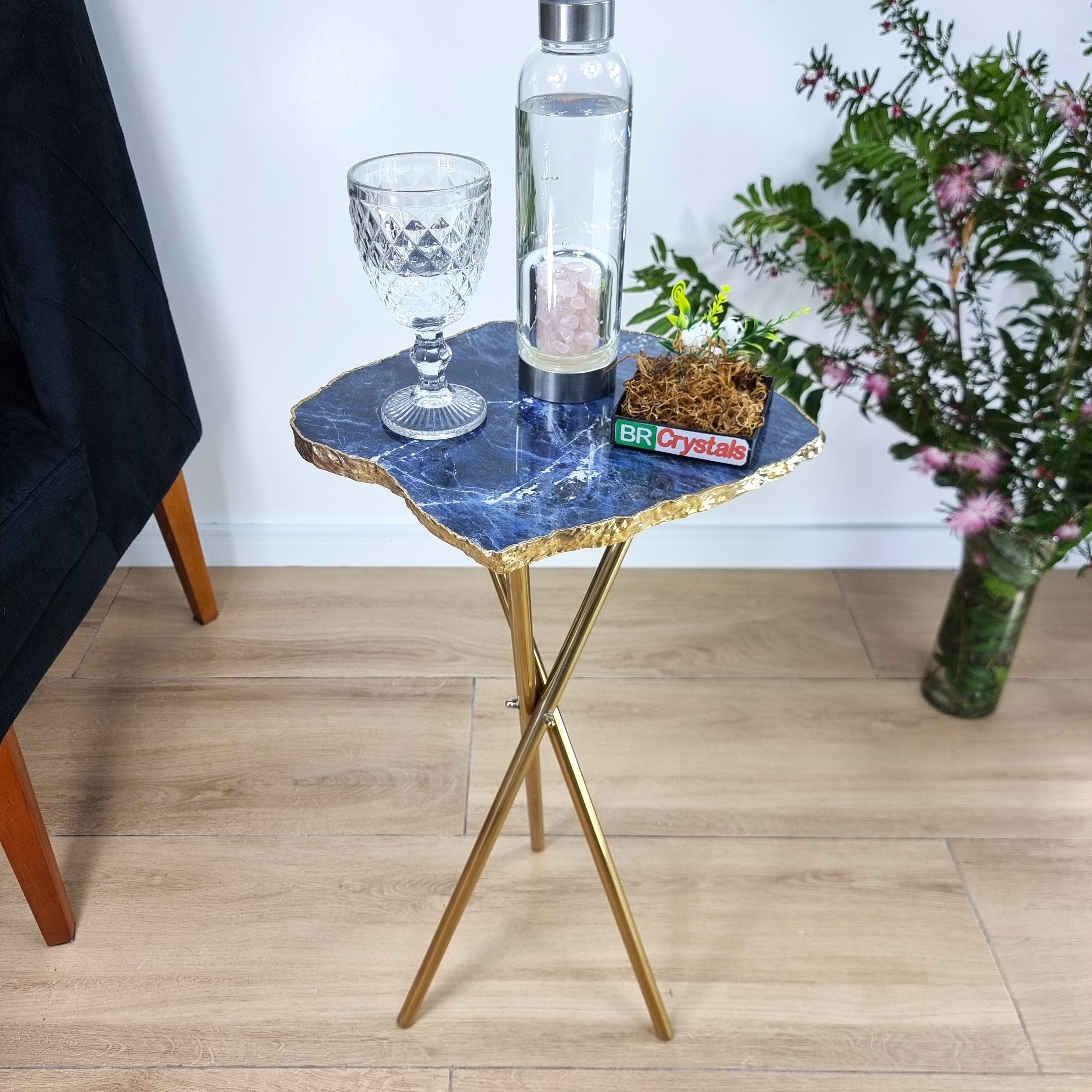 Sodalite Side Table With Golden Bath in Stone and Gold legs 23 inches high, total weight 8.81 pounds