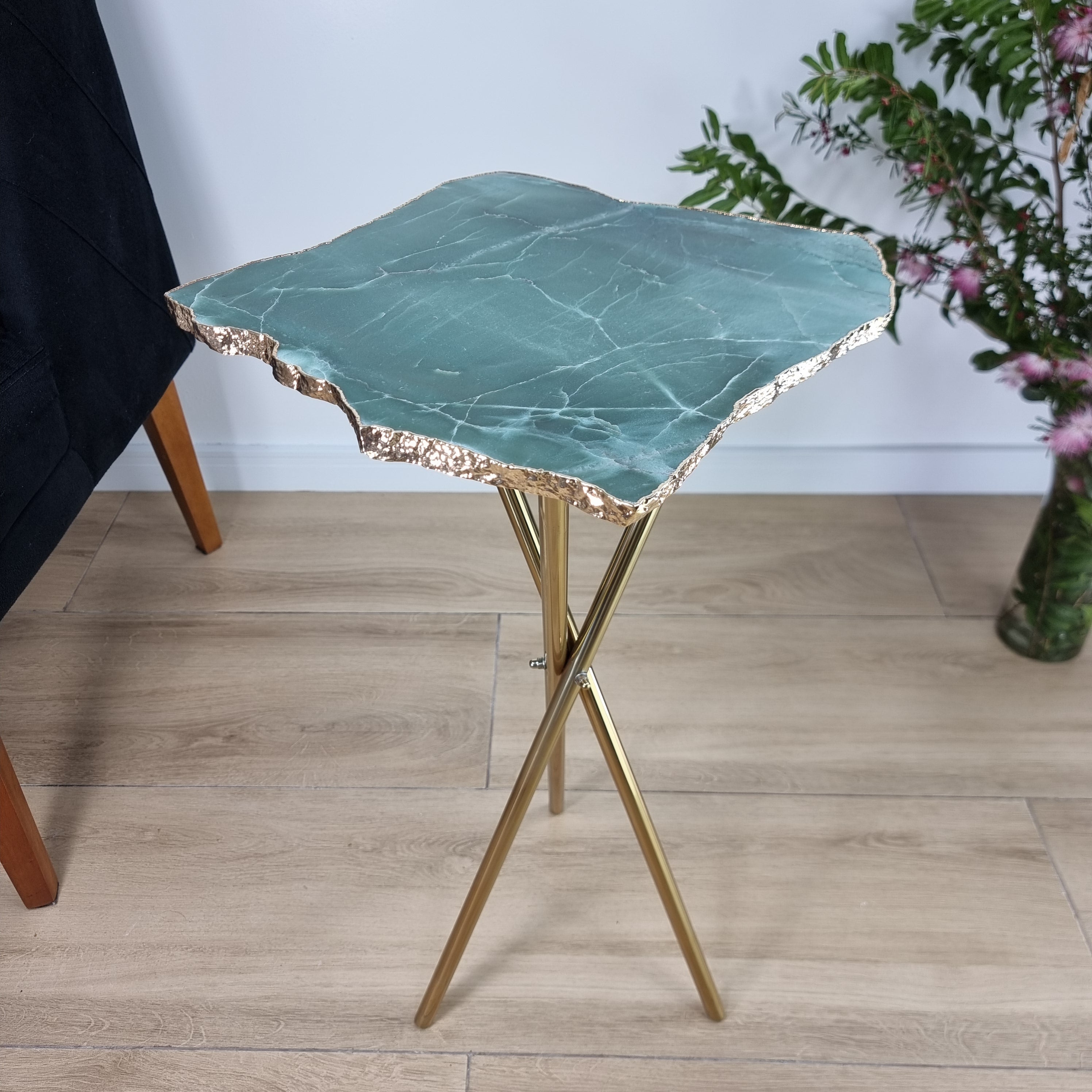 Green Quartz Side Table With Golden Bath in Stone 23 inches high, total weight 12 pounds