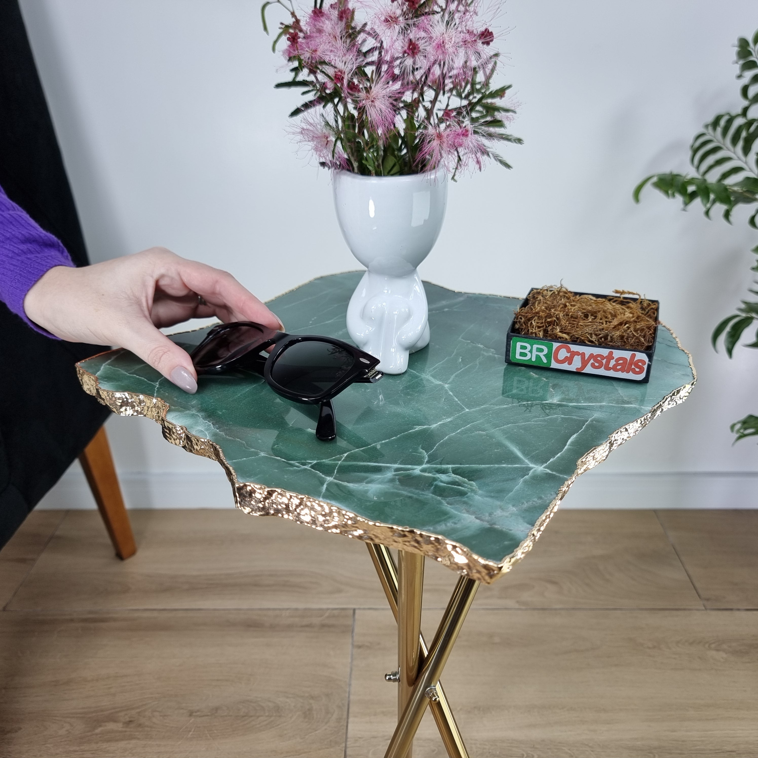 Green Quartz Side Table With Golden Bath in Stone 23 inches high, total weight 12 pounds