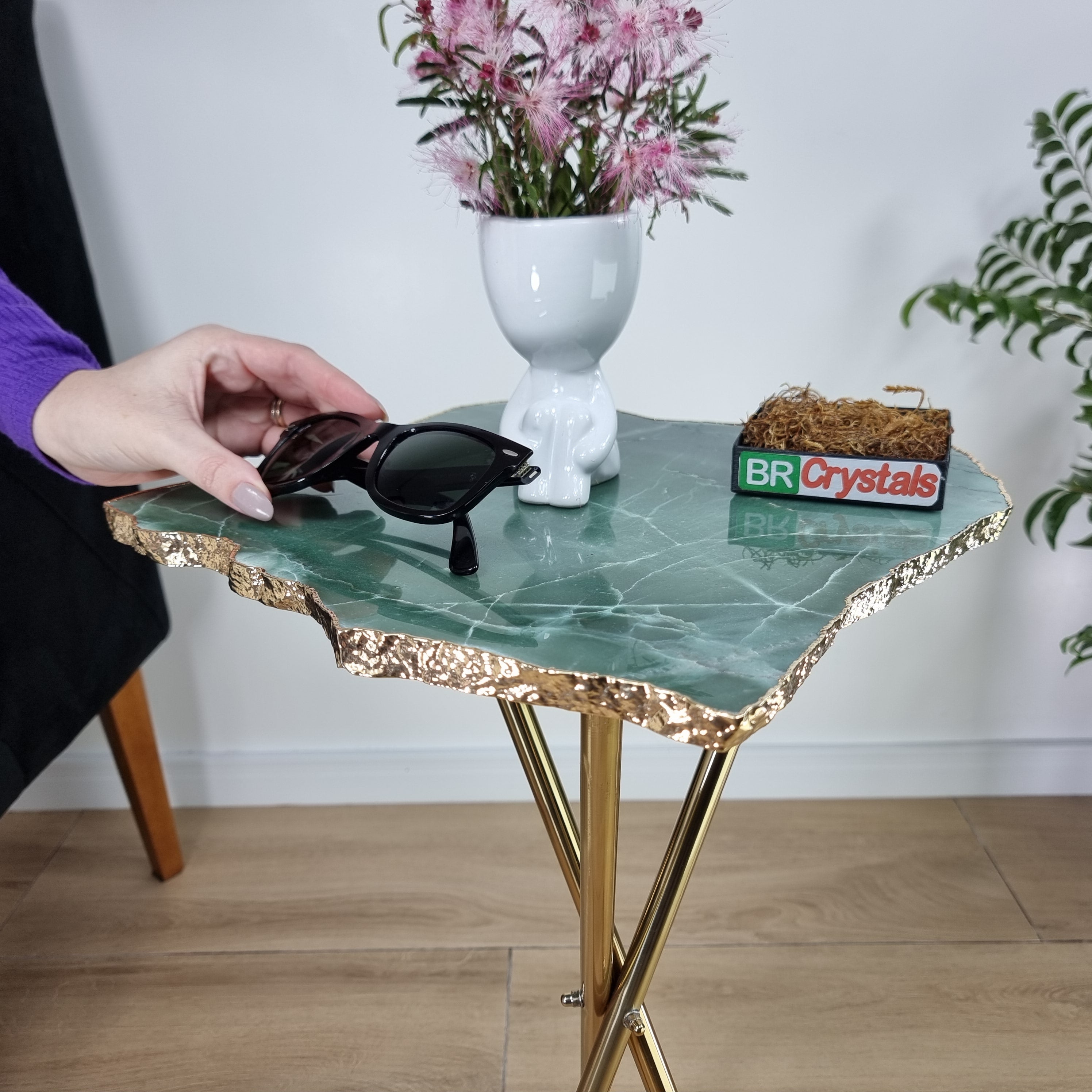 Green Quartz Side Table With Golden Bath in Stone 23 inches high, total weight 12 pounds