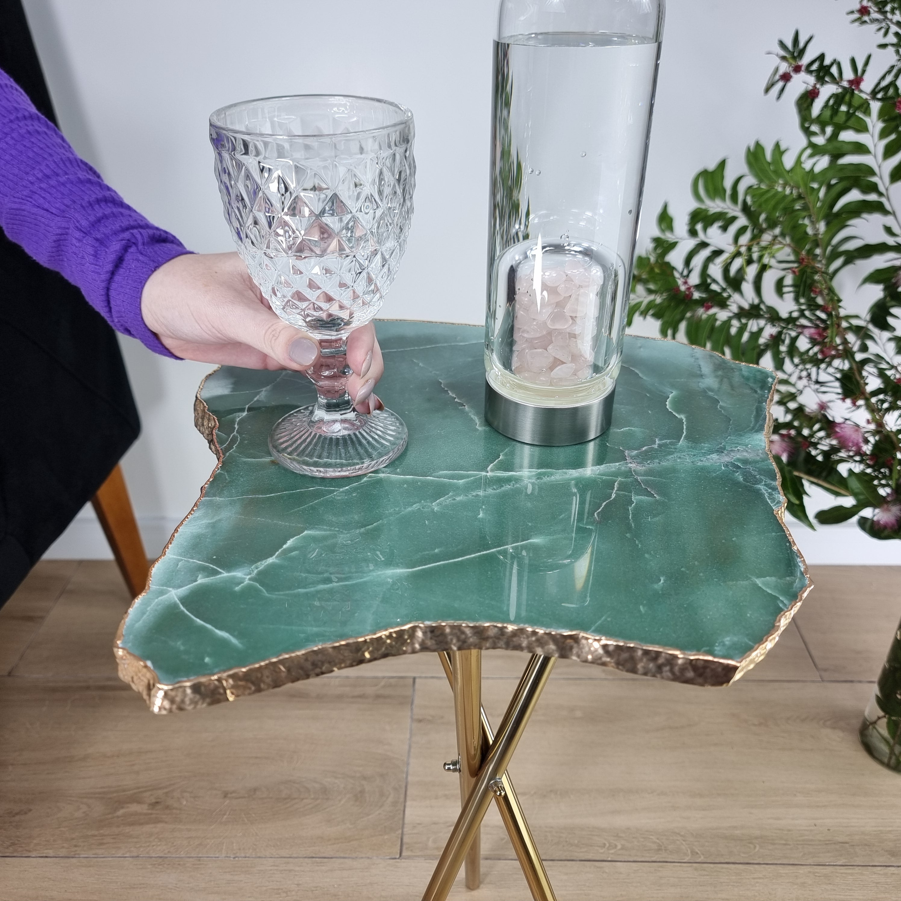 Green Quartz Side Table With Golden Bath in Stone 23 inches high, total weight 12 pounds