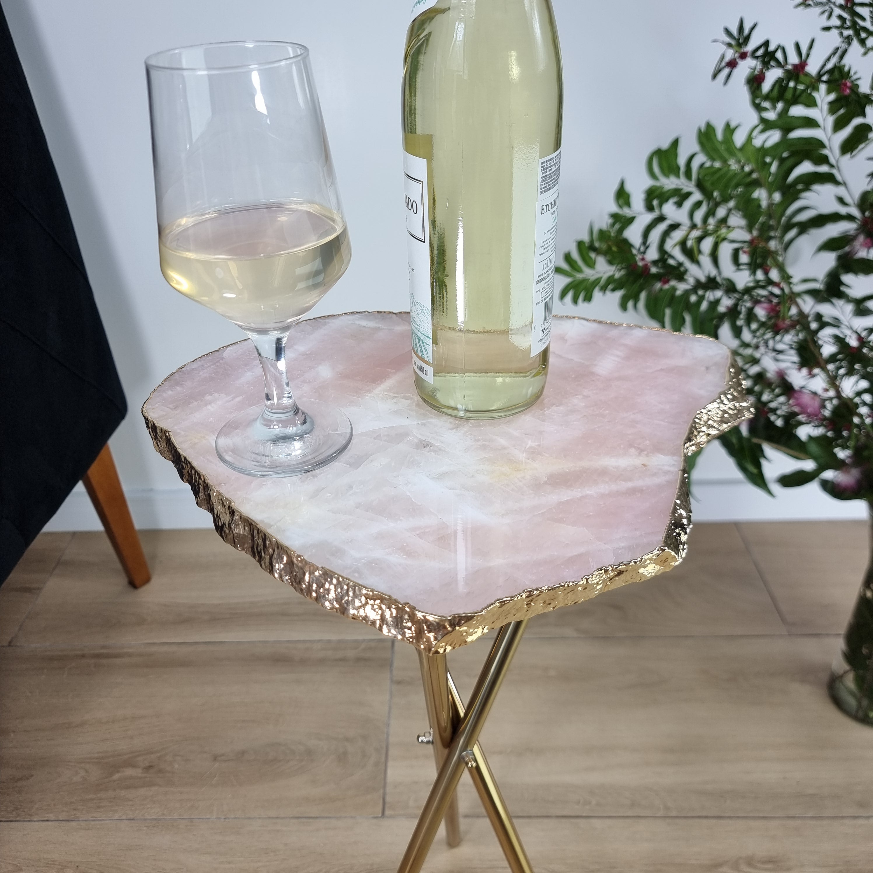 Rose Quartz Side Table With Golden Bath in Stone 23 inches high, total weight 9.9 pounds