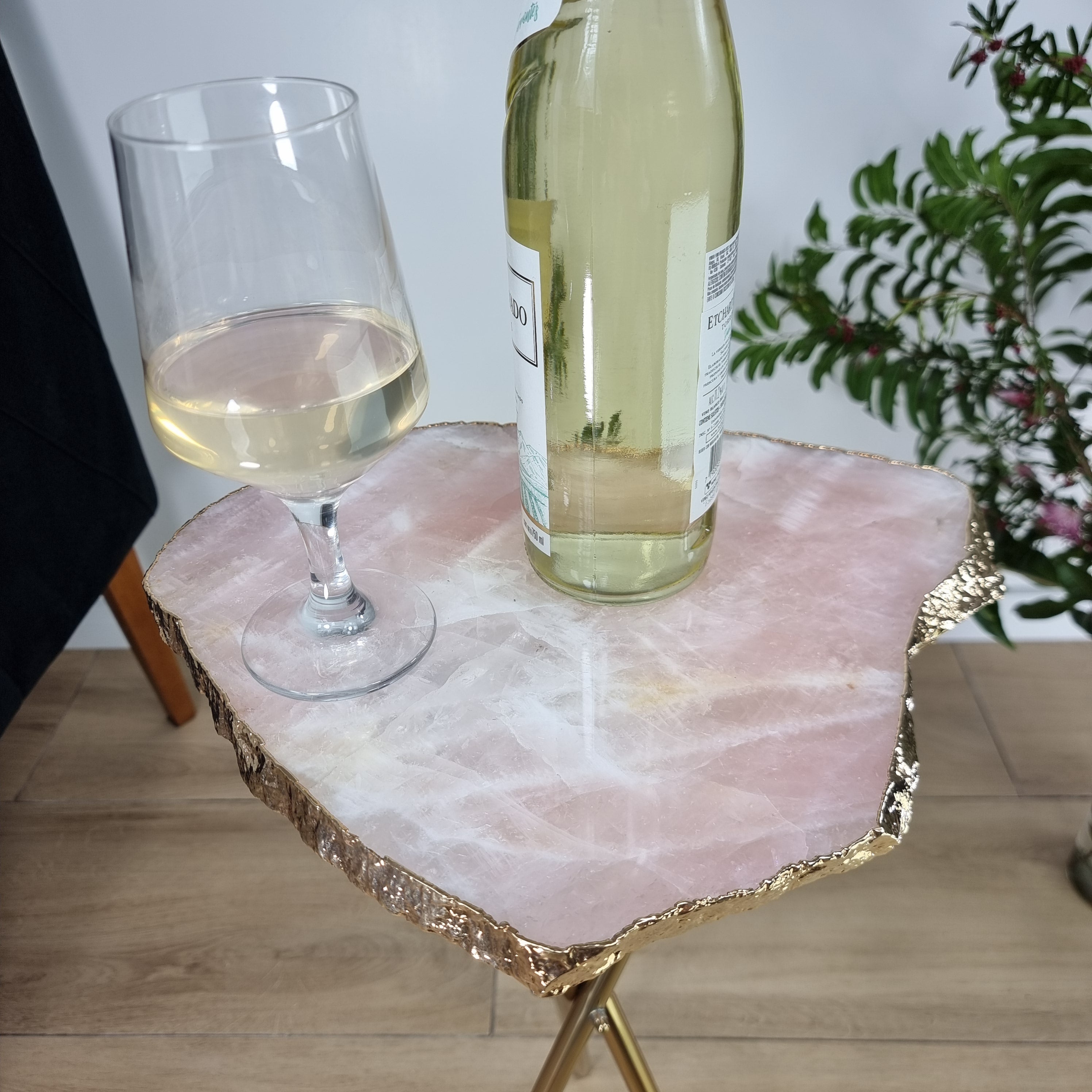 Rose Quartz Side Table With Golden Bath in Stone 23 inches high, total weight 9.9 pounds