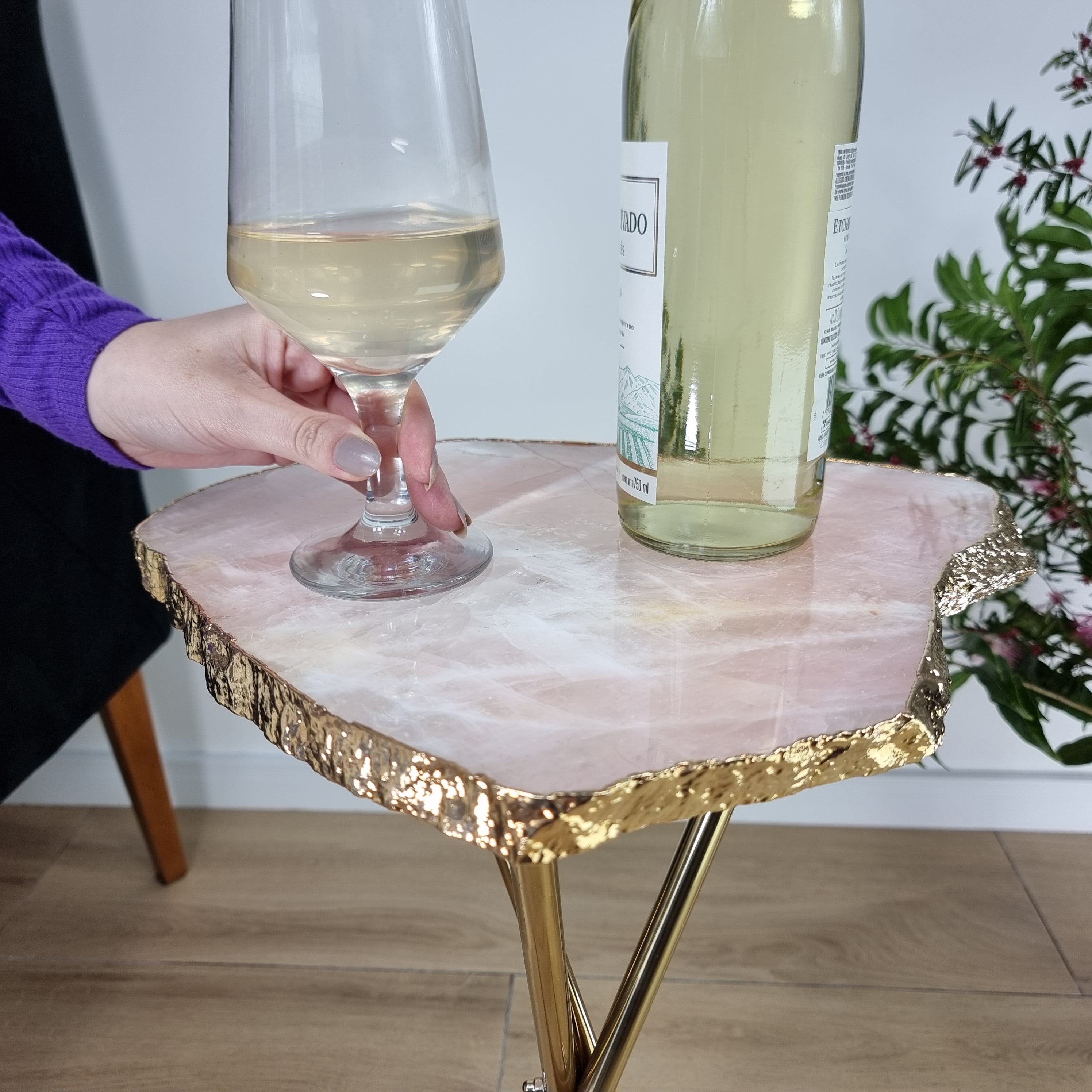 Rose Quartz Side Table With Golden Bath in Stone 23 inches high, total weight 9.9 pounds