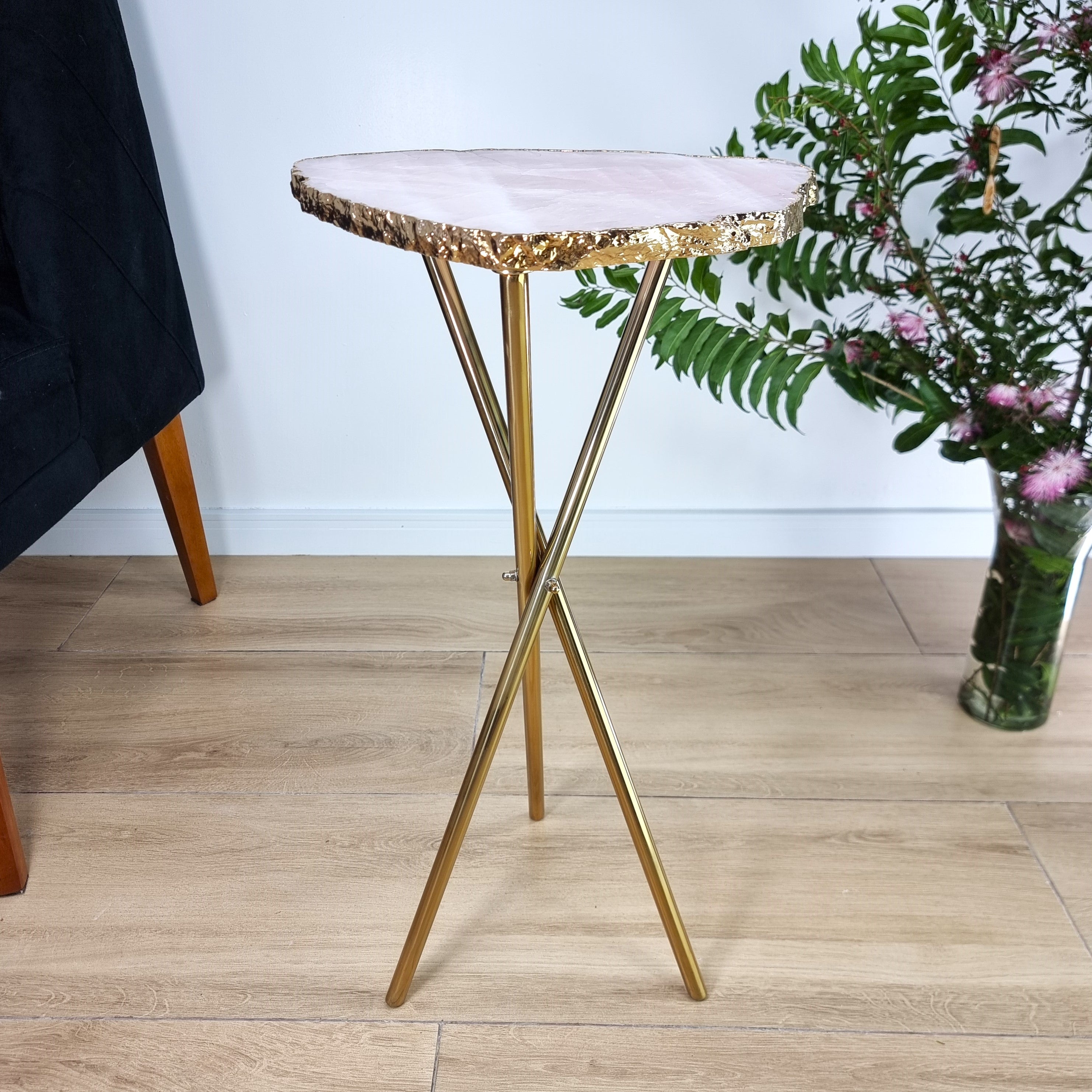 Rose Quartz Side Table With Golden Bath in Stone 23 inches high, total weight 9.48 pounds