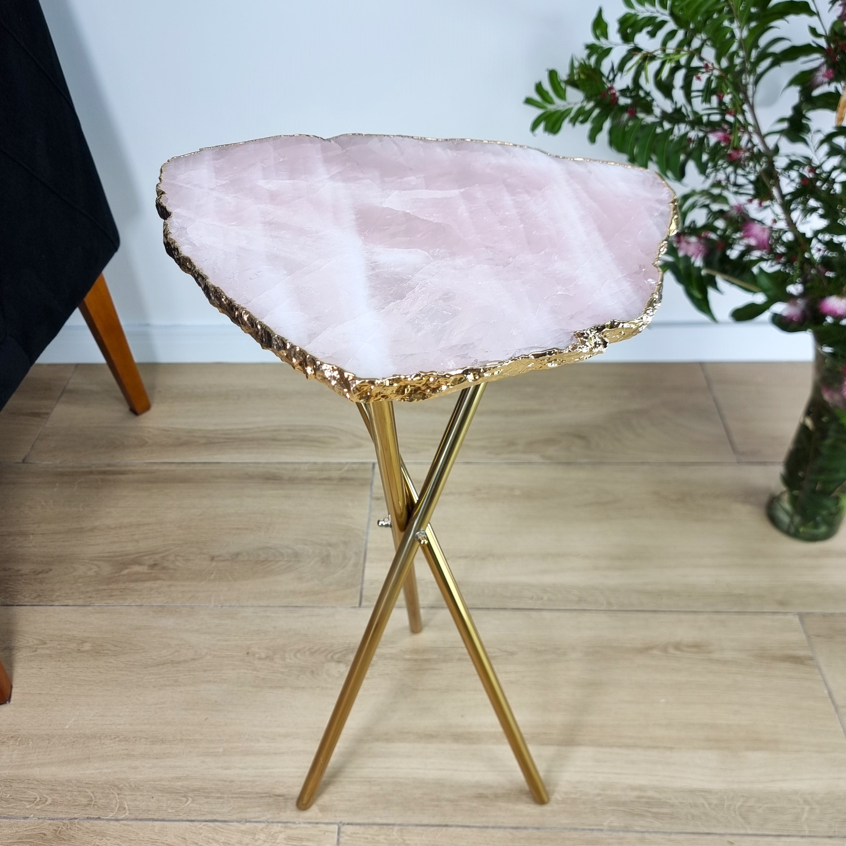 Rose Quartz Side Table With Golden Bath in Stone 23 inches high, total weight 9.48 pounds