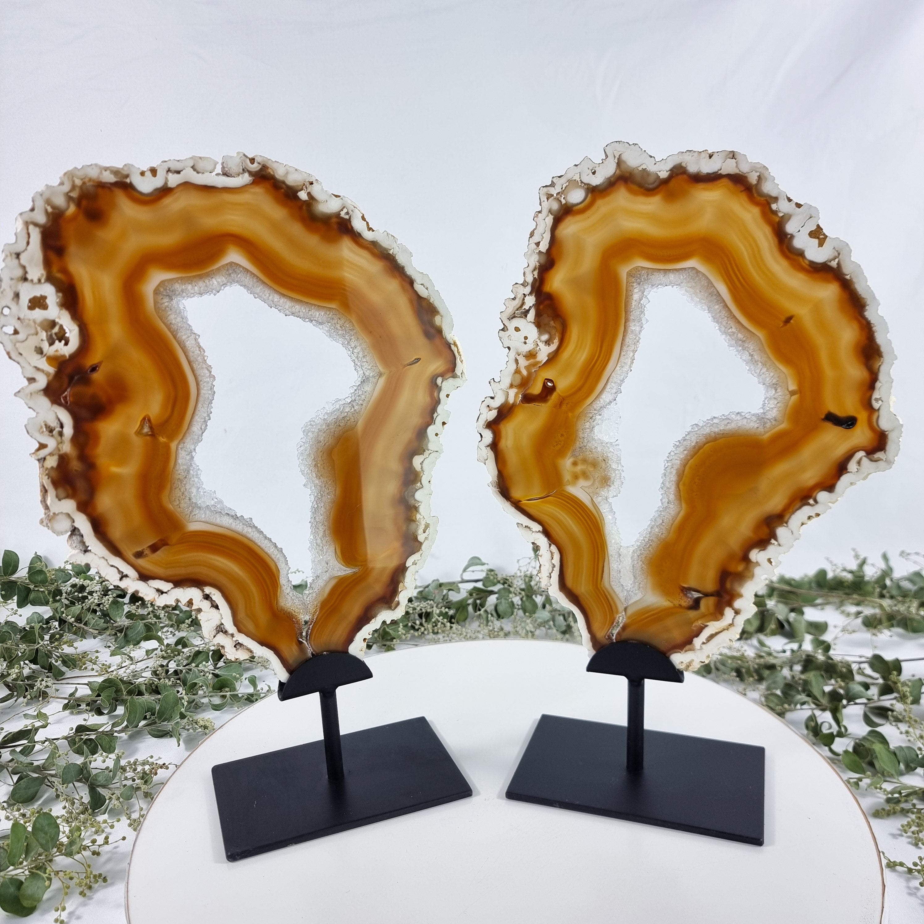 Special Large Natural Brazilian Agate Slice on a Metal Stand, 14.0" Tall Weight: 5.07 lbs - Set of 02