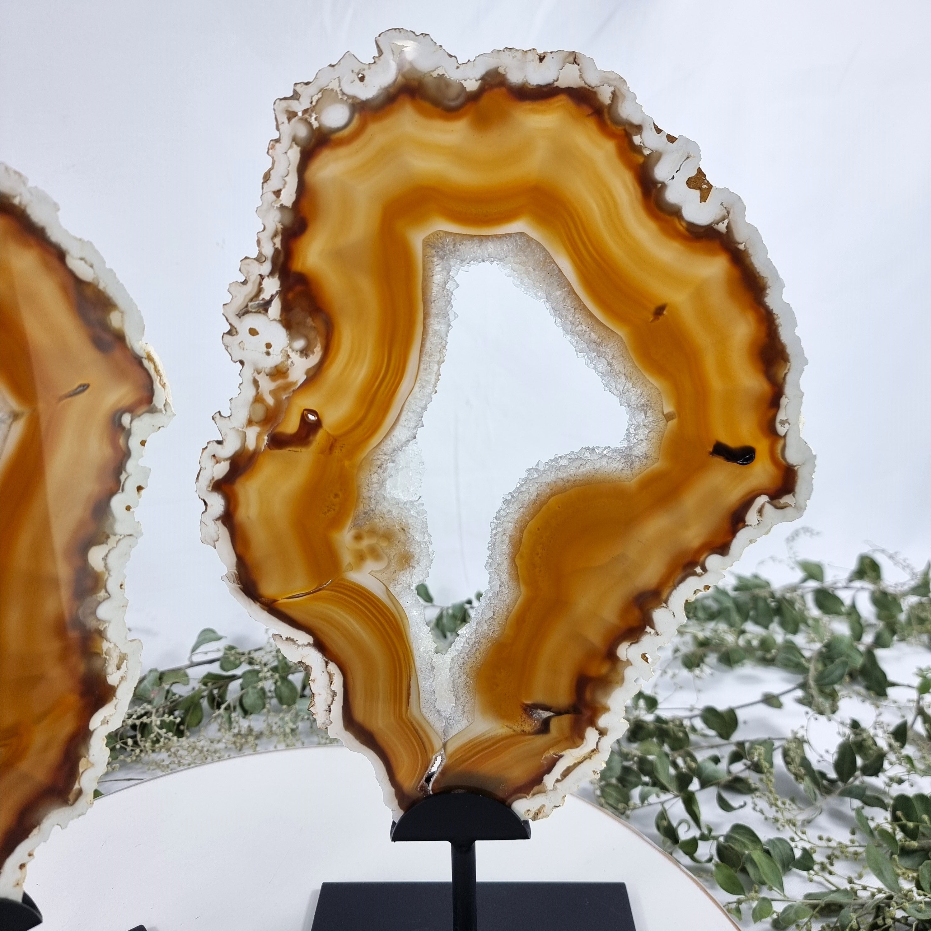 Special Large Natural Brazilian Agate Slice on a Metal Stand, 14.0" Tall Weight: 5.07 lbs - Set of 02