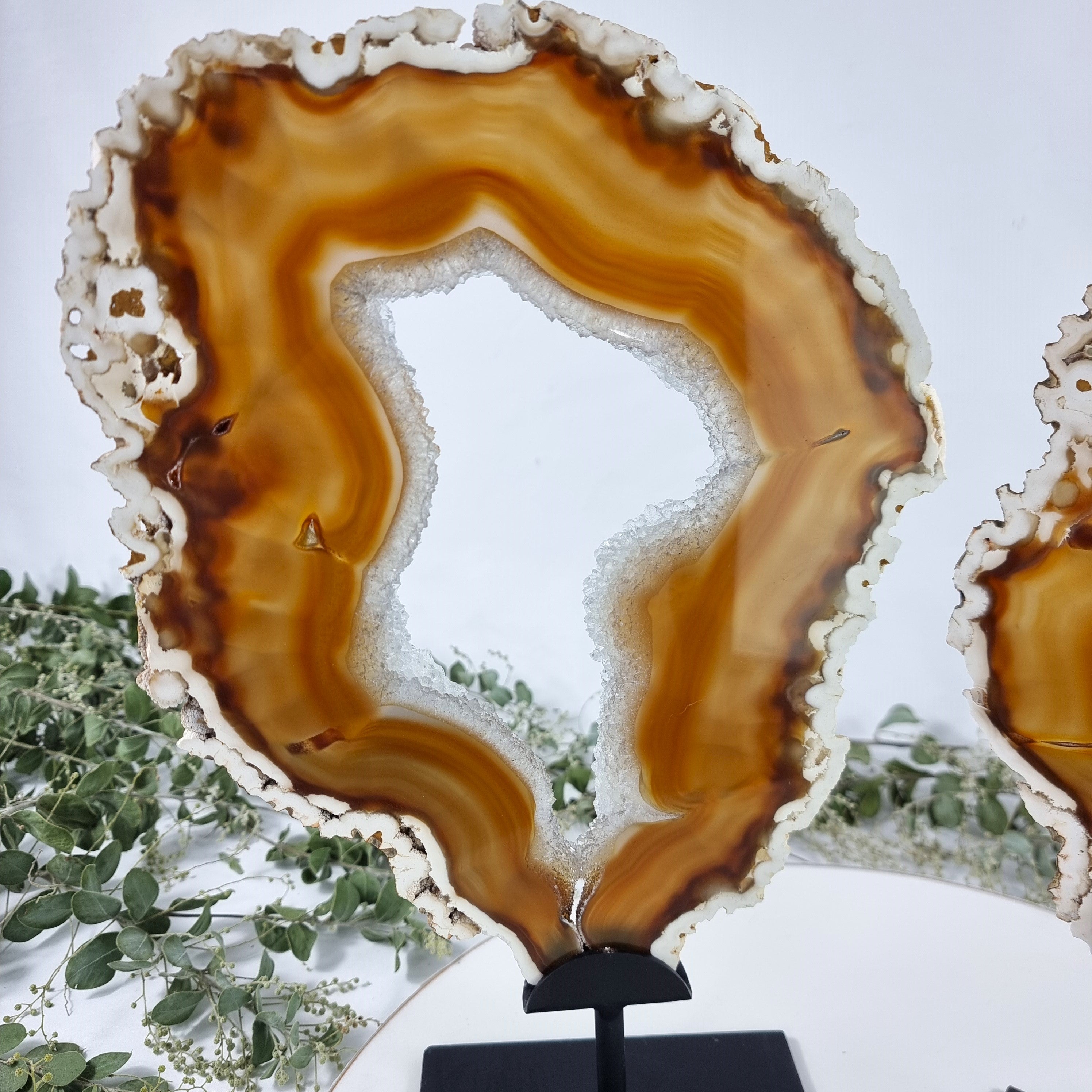 Special Large Natural Brazilian Agate Slice on a Metal Stand, 14.0" Tall Weight: 5.07 lbs - Set of 02