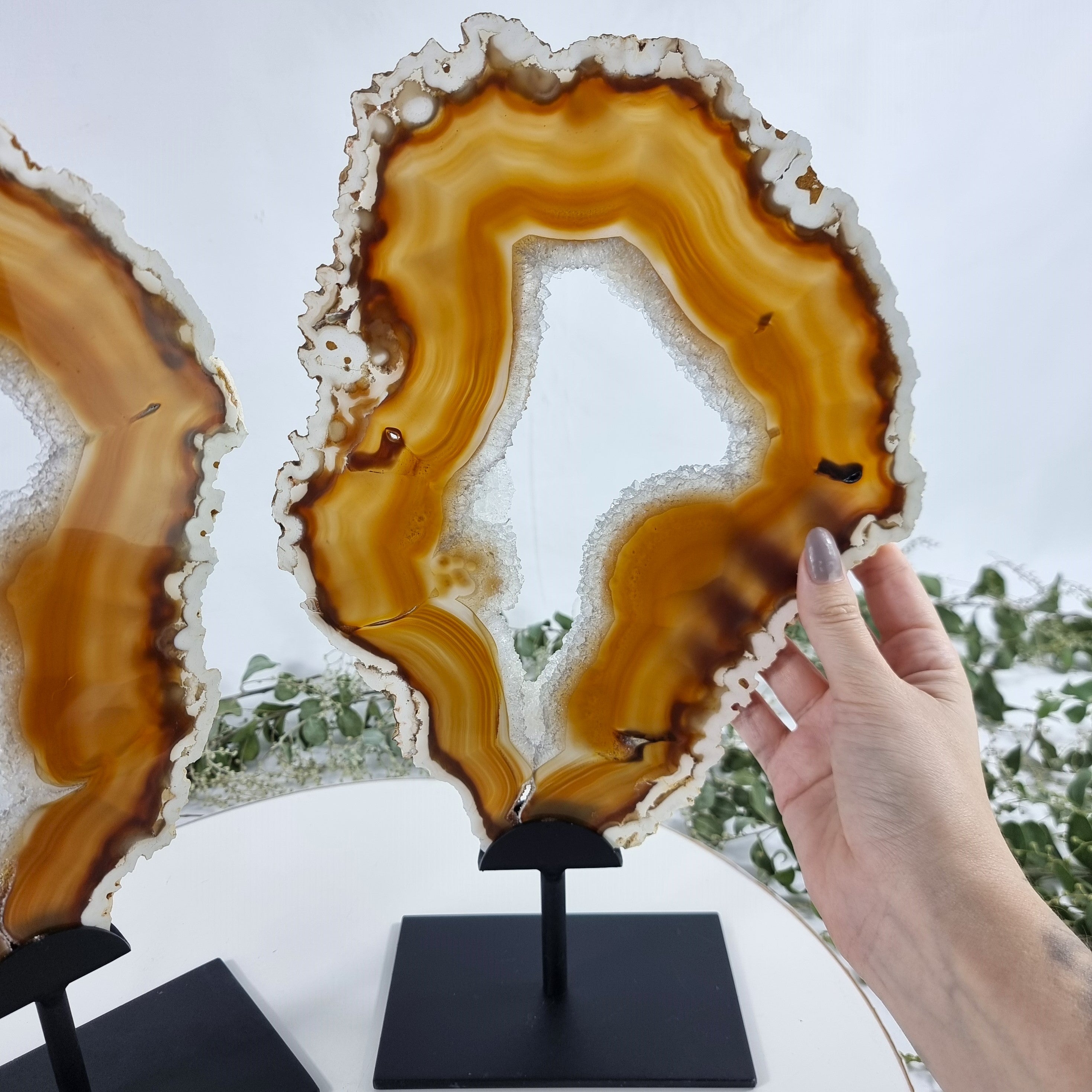 Special Large Natural Brazilian Agate Slice on a Metal Stand, 14.0" Tall Weight: 5.07 lbs - Set of 02