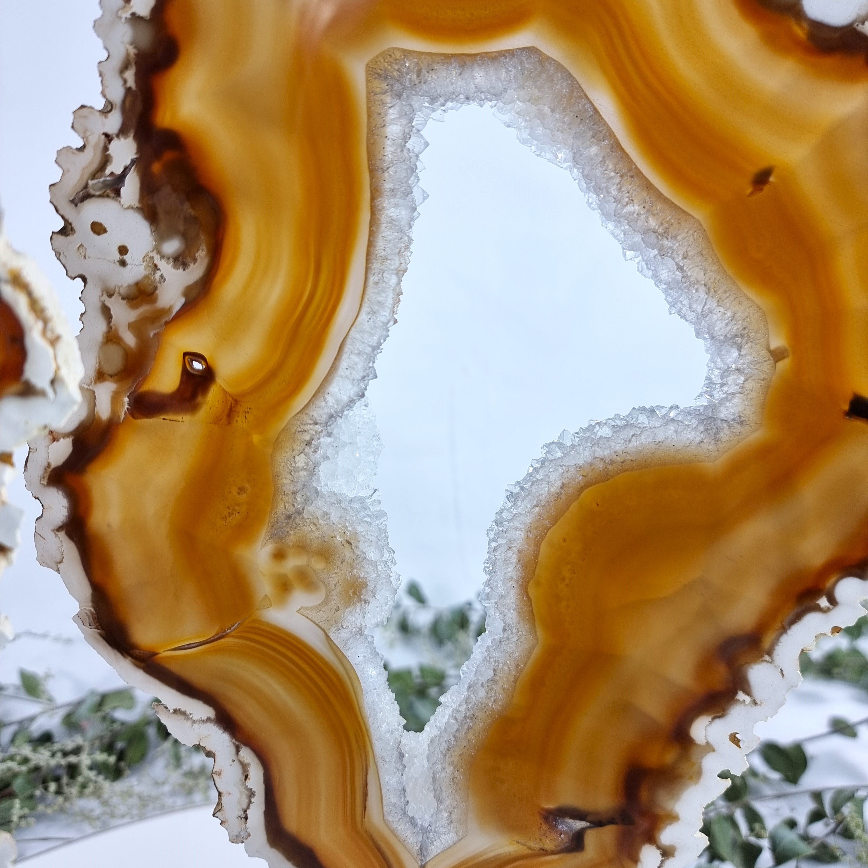 Special Large Natural Brazilian Agate Slice on a Metal Stand, 14.0" Tall Weight: 5.07 lbs - Set of 02