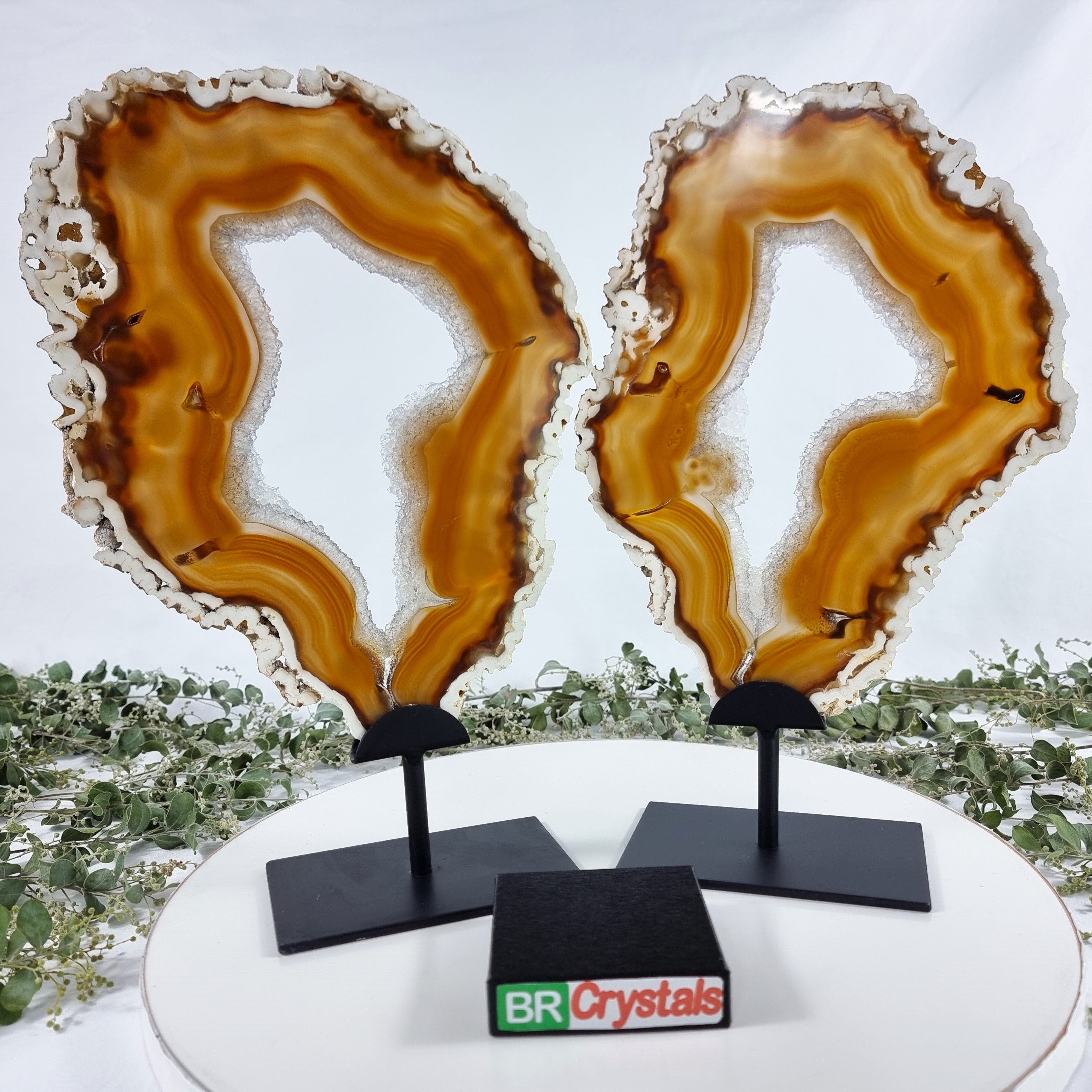 Special Large Natural Brazilian Agate Slice on a Metal Stand, 14.0" Tall Weight: 5.07 lbs - Set of 02