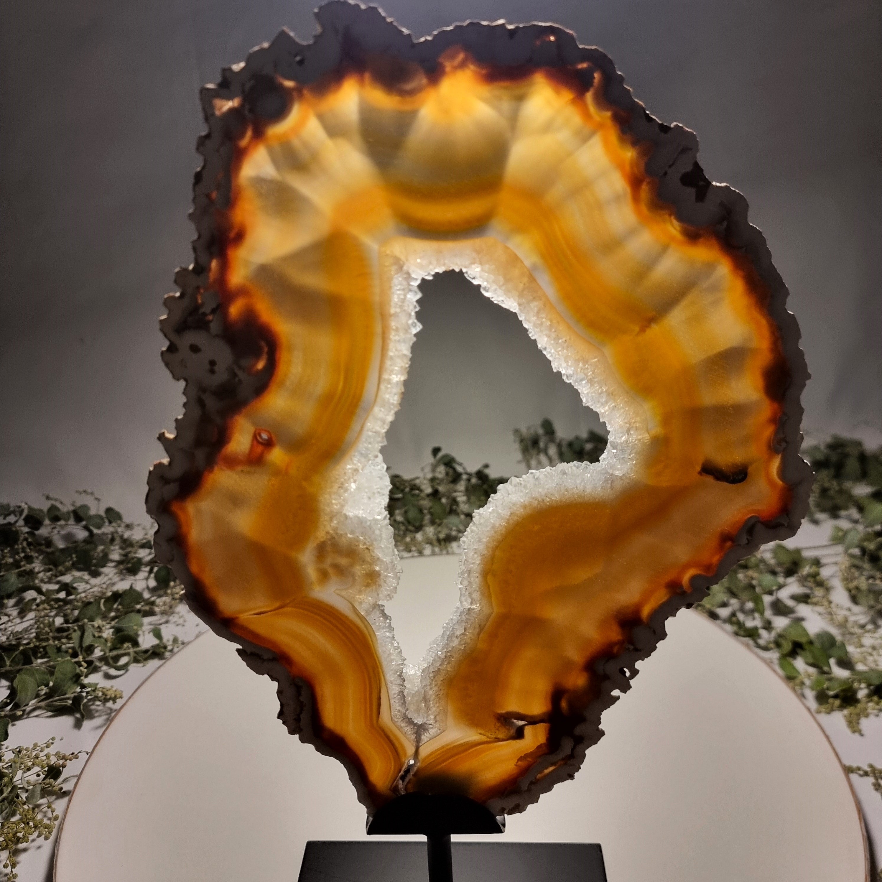 Special Large Natural Brazilian Agate Slice on a Metal Stand, 14.0" Tall Weight: 5.07 lbs - Set of 02