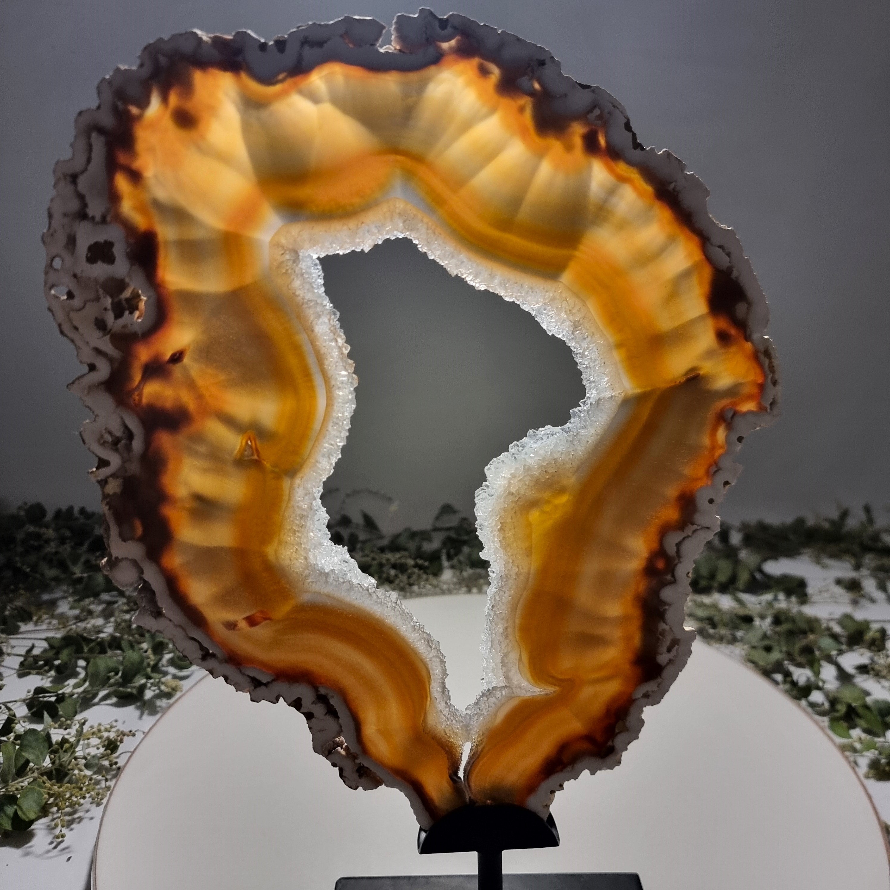 Special Large Natural Brazilian Agate Slice on a Metal Stand, 14.0" Tall Weight: 5.07 lbs - Set of 02