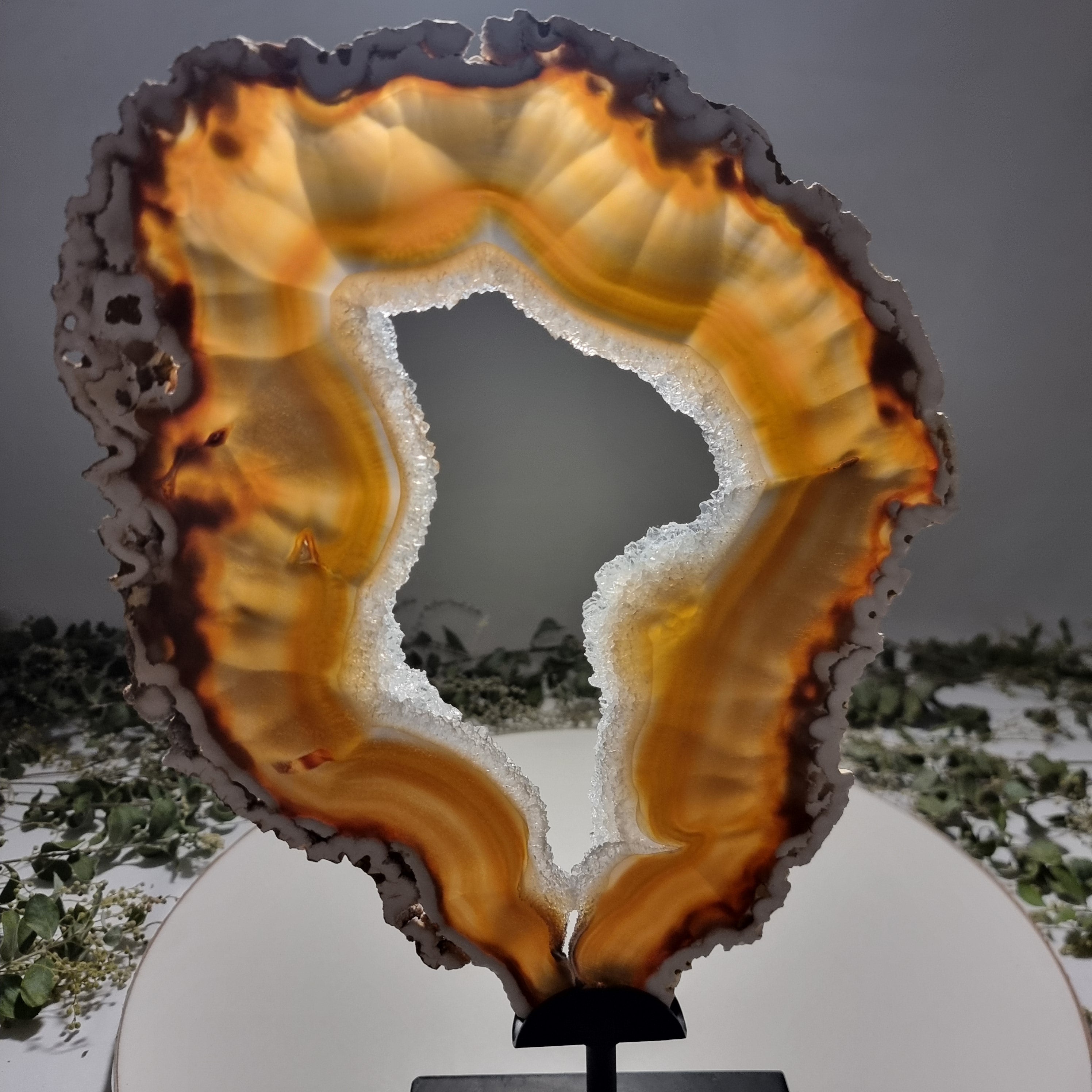 Special Large Natural Brazilian Agate Slice on a Metal Stand, 14.1" Tall Weight: 6.2 lbs - Set of 02