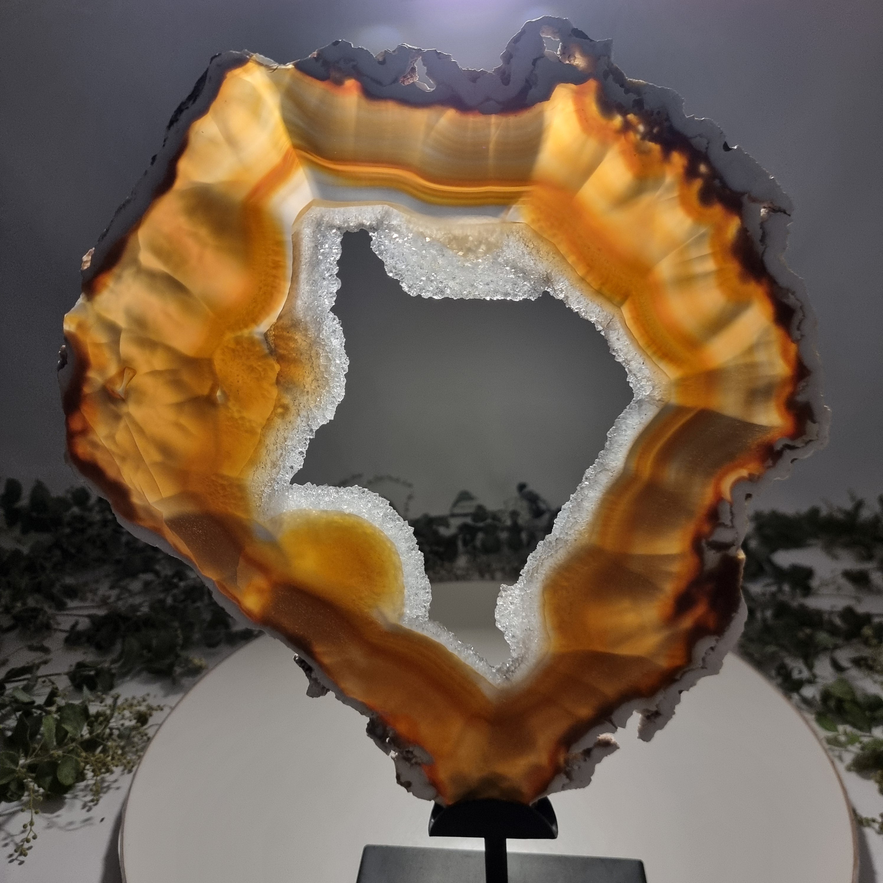 Special Large Natural Brazilian Agate Slice on a Metal Stand, 14.1" Tall Weight: 6.2 lbs - Set of 02