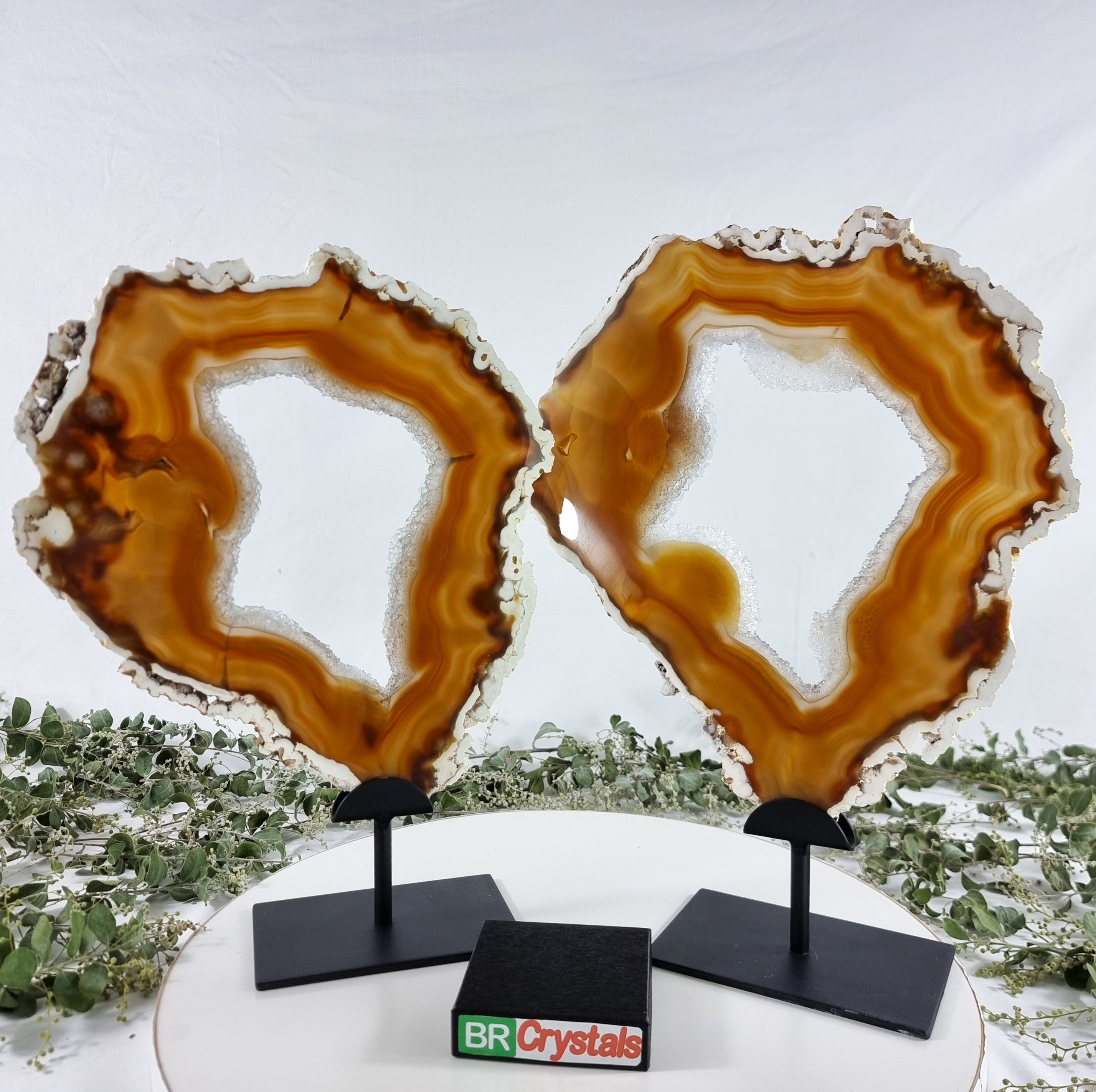 Special Large Natural Brazilian Agate Slice on a Metal Stand, 14.1" Tall Weight: 6.2 lbs - Set of 02