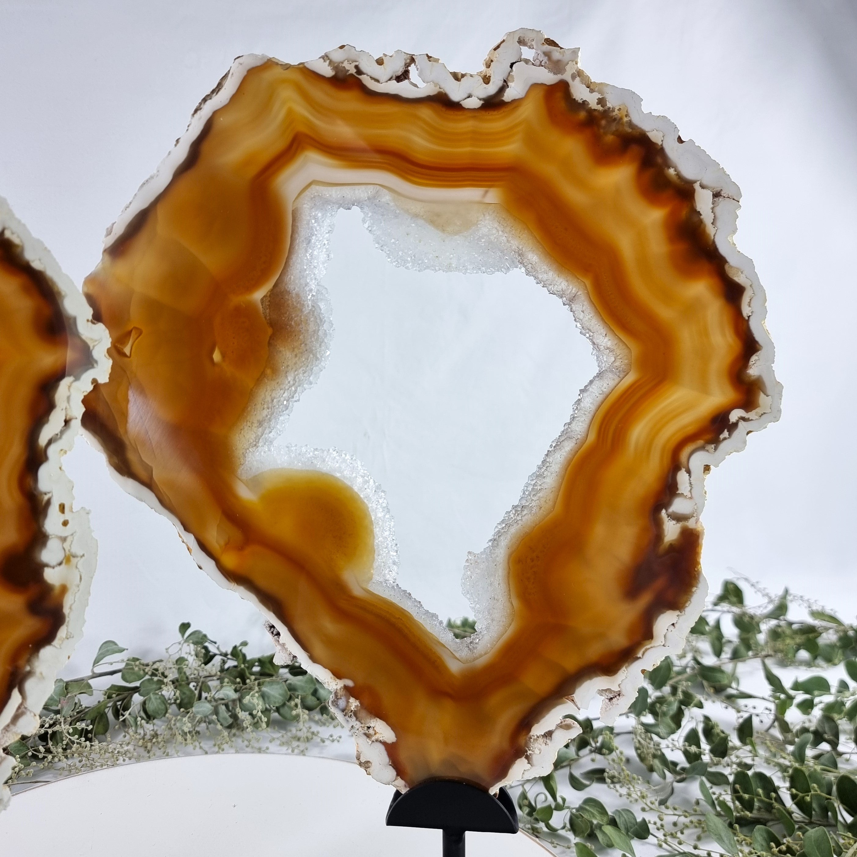 Special Large Natural Brazilian Agate Slice on a Metal Stand, 14.1" Tall Weight: 6.2 lbs - Set of 02