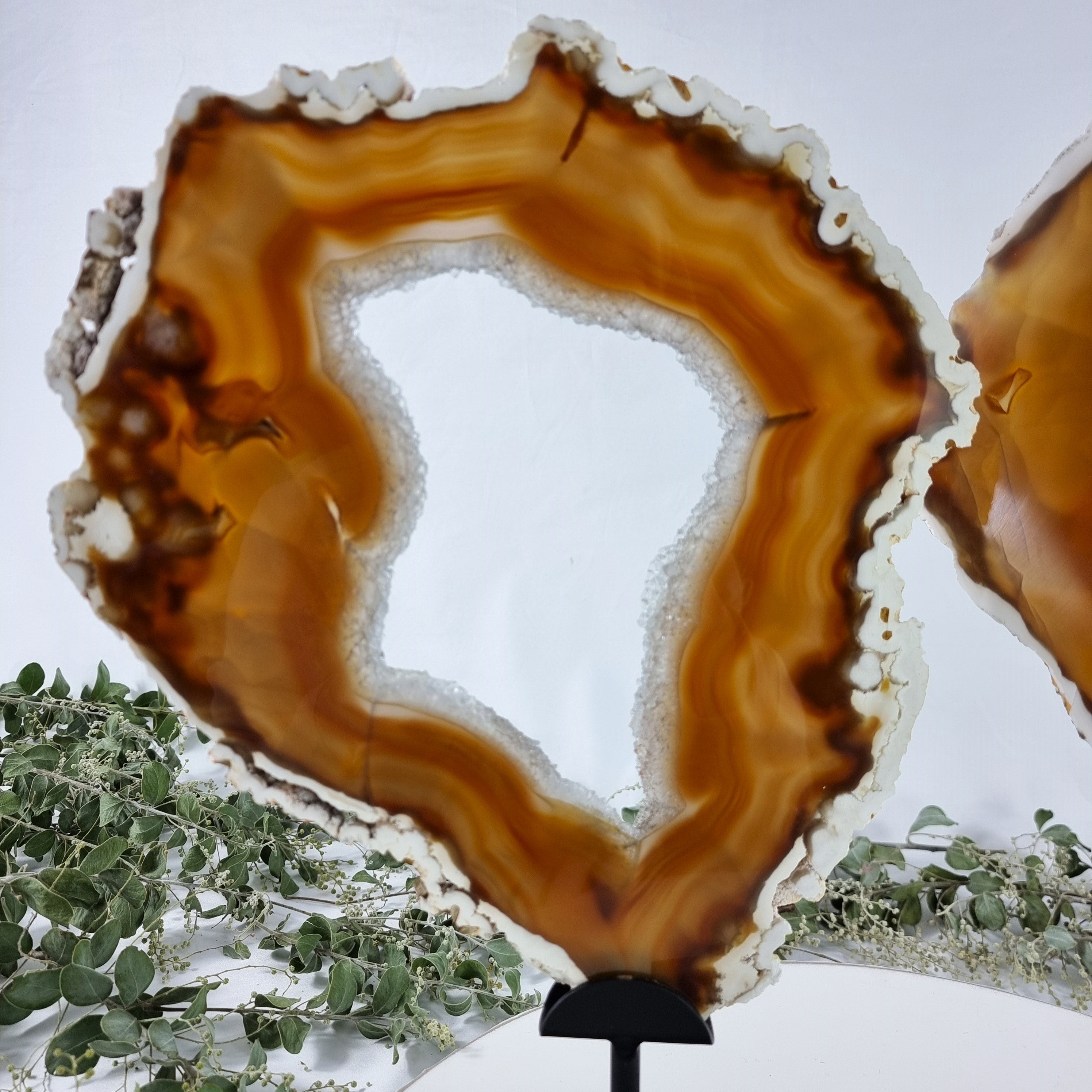 Special Large Natural Brazilian Agate Slice on a Metal Stand, 14.1" Tall Weight: 6.2 lbs - Set of 02